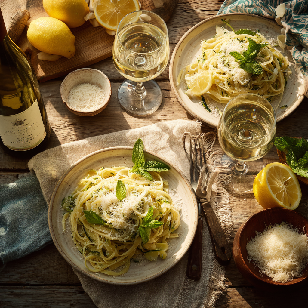 two plates of lemon zucchini pasta, wine glasses, lemon halves, and a small bowl of grated cheese.