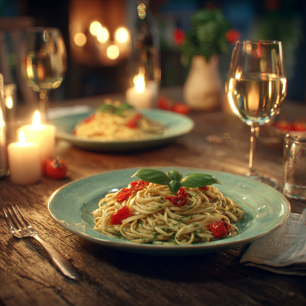 two plates of pasta con pesto di pomodori secchi, glasses of white wine, fresh basil sprigs, and a linen napkin.