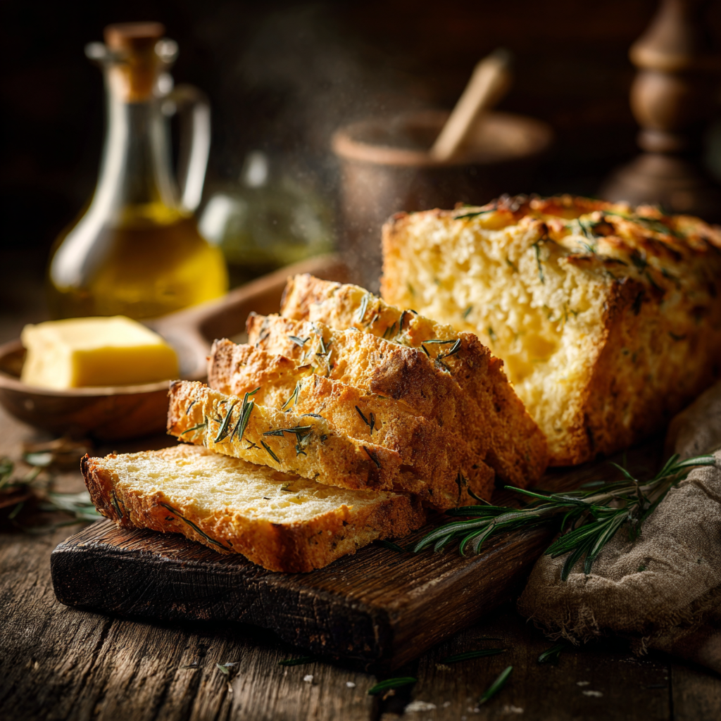 parmesan rosemary bread on a wooden board with olive oil, butter, and rosemary sprigs