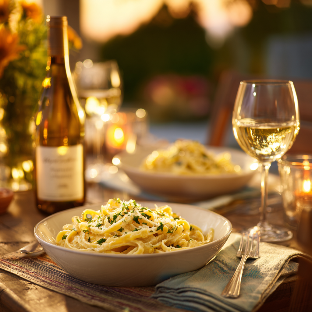 creamy bell pepper pasta served in white ceramic bowls, sprinkled with parsley, Parmesan, and olive oil drizzle.