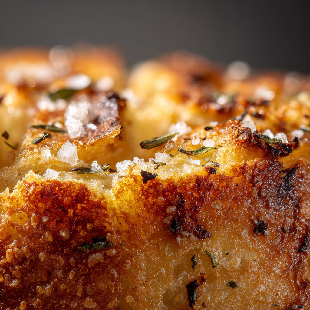garlic herb Italian bread showing crisp golden surface, flakes of sea salt, melted Parmesan and olive oil sheen
