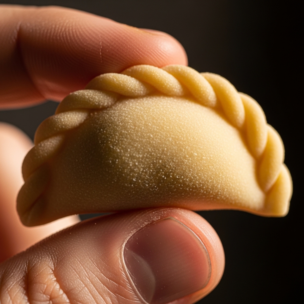 single culurgione held in hand, showing the precise braided wheat-grain seal (spighitta)