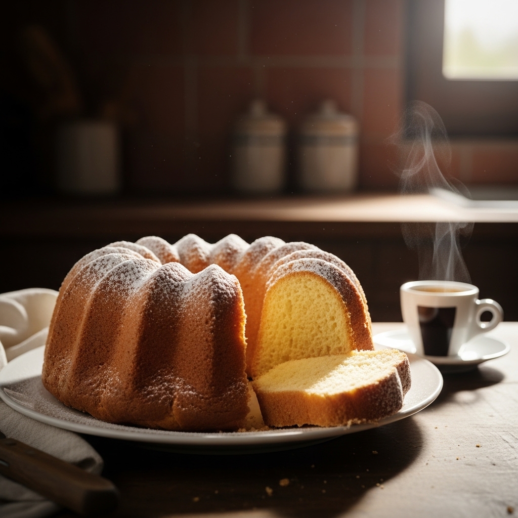A sliced ciambellone ring cake on a white plate, tender airy crumb, pale yellow interior, dusting of powdered sugar on top.