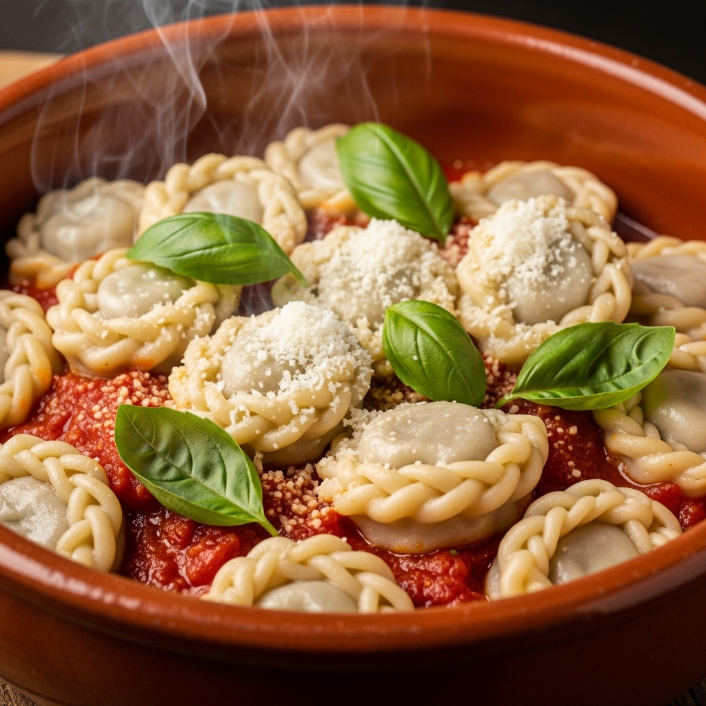 A rustic clay bowl filled with hot culurgiones placed over tomato sauce, steam gently rising.