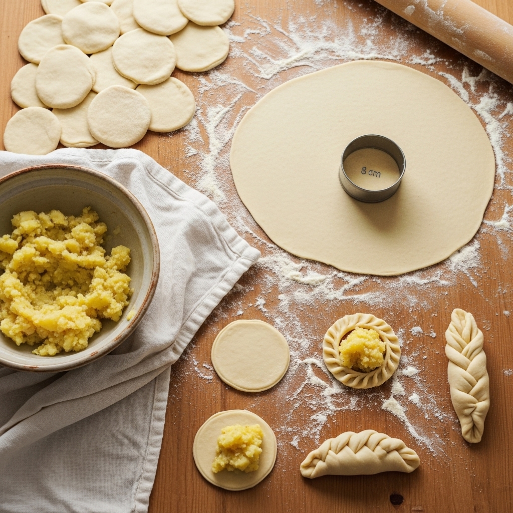 Rolled dough sheet, 8 cm round cutters, several unsealed dough circles under a damp towel