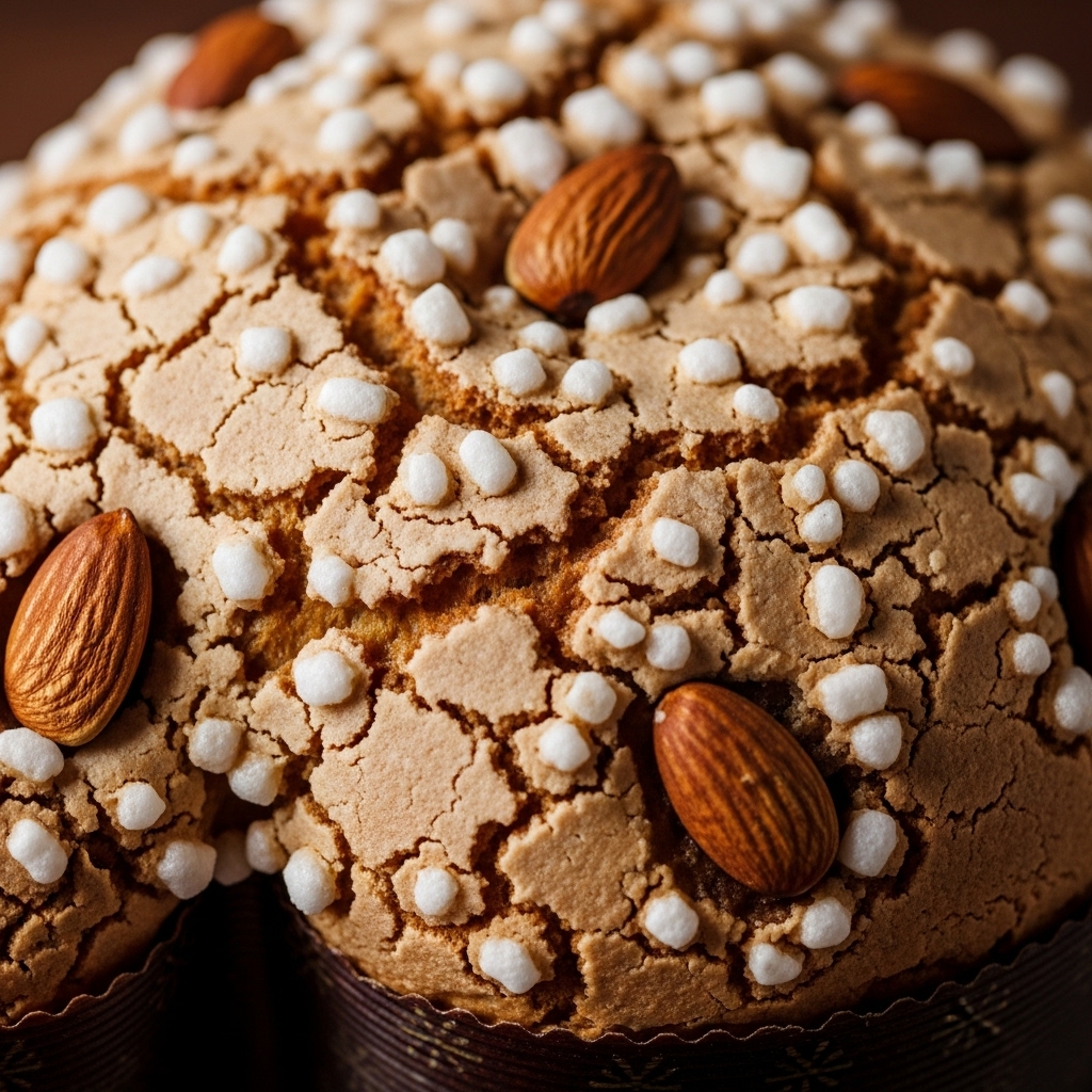 top of a baked Colomba Pasquale, showing glossy almond glaze
