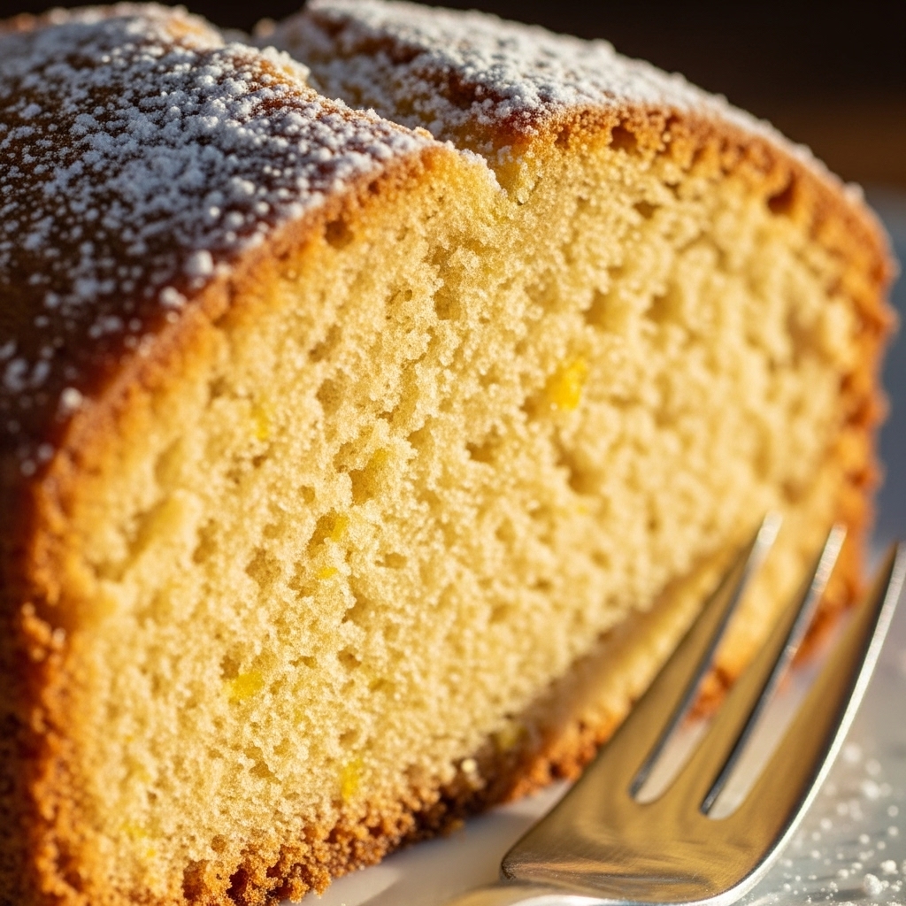 slice of ciambellone breakfast cake showing the moist, tender crumb and fine citrus texture