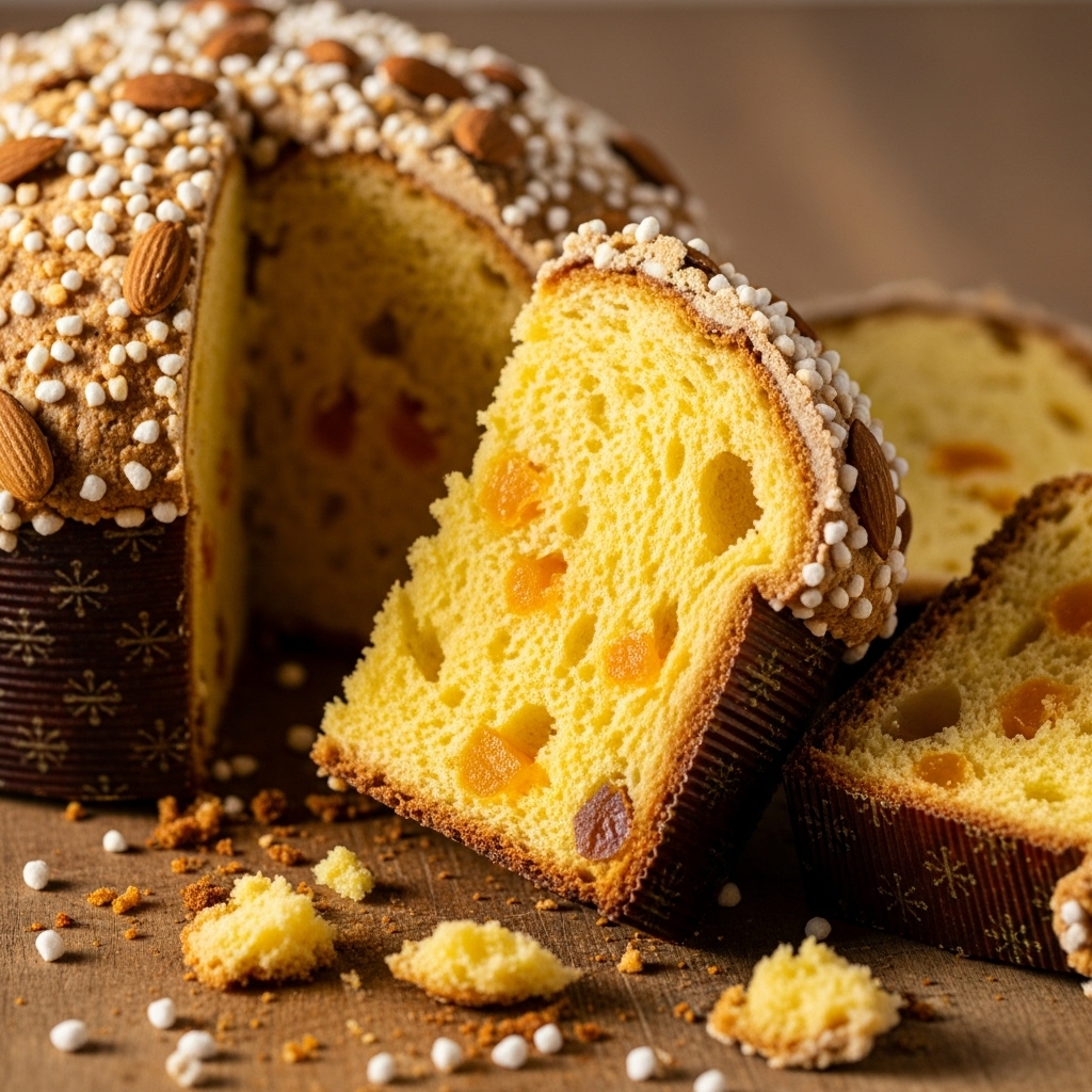 A sliced Italian Easter Colomba Pasquale on a wooden board, tender yellow crumb with visible orange zest and small candied fruit pieces