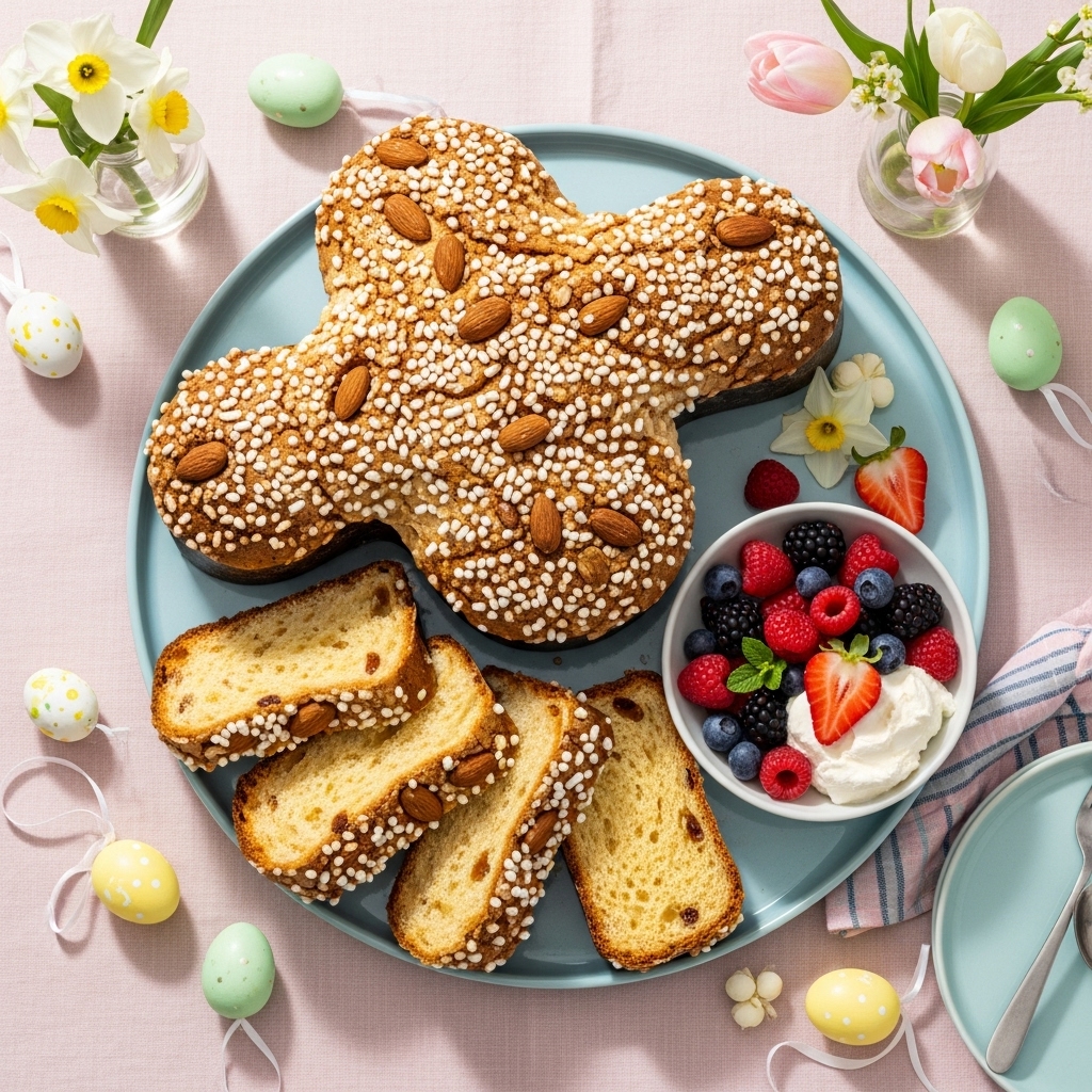 whole Colomba Pasquale with a few slices arranged on a platter