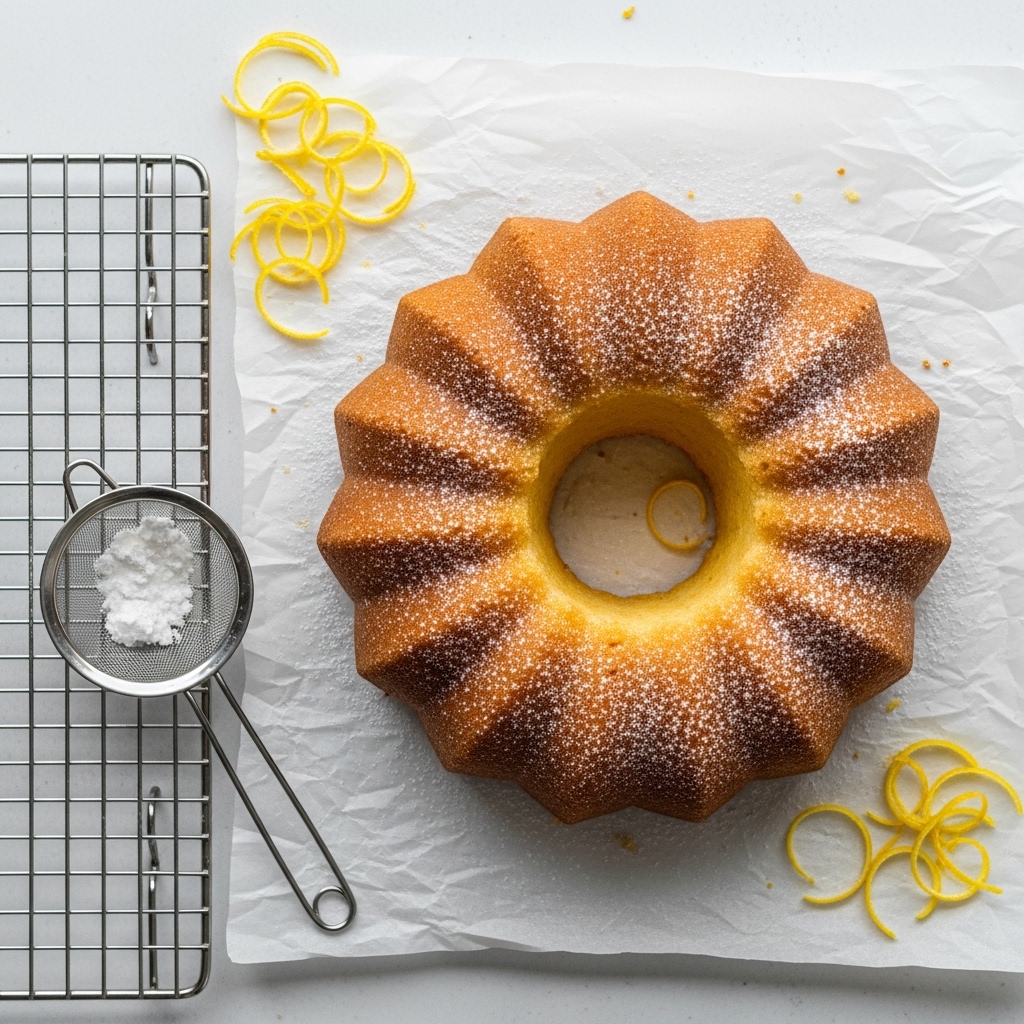 whole ciambellone bundt cake on parchment, dusted lightly with powdered sugar.