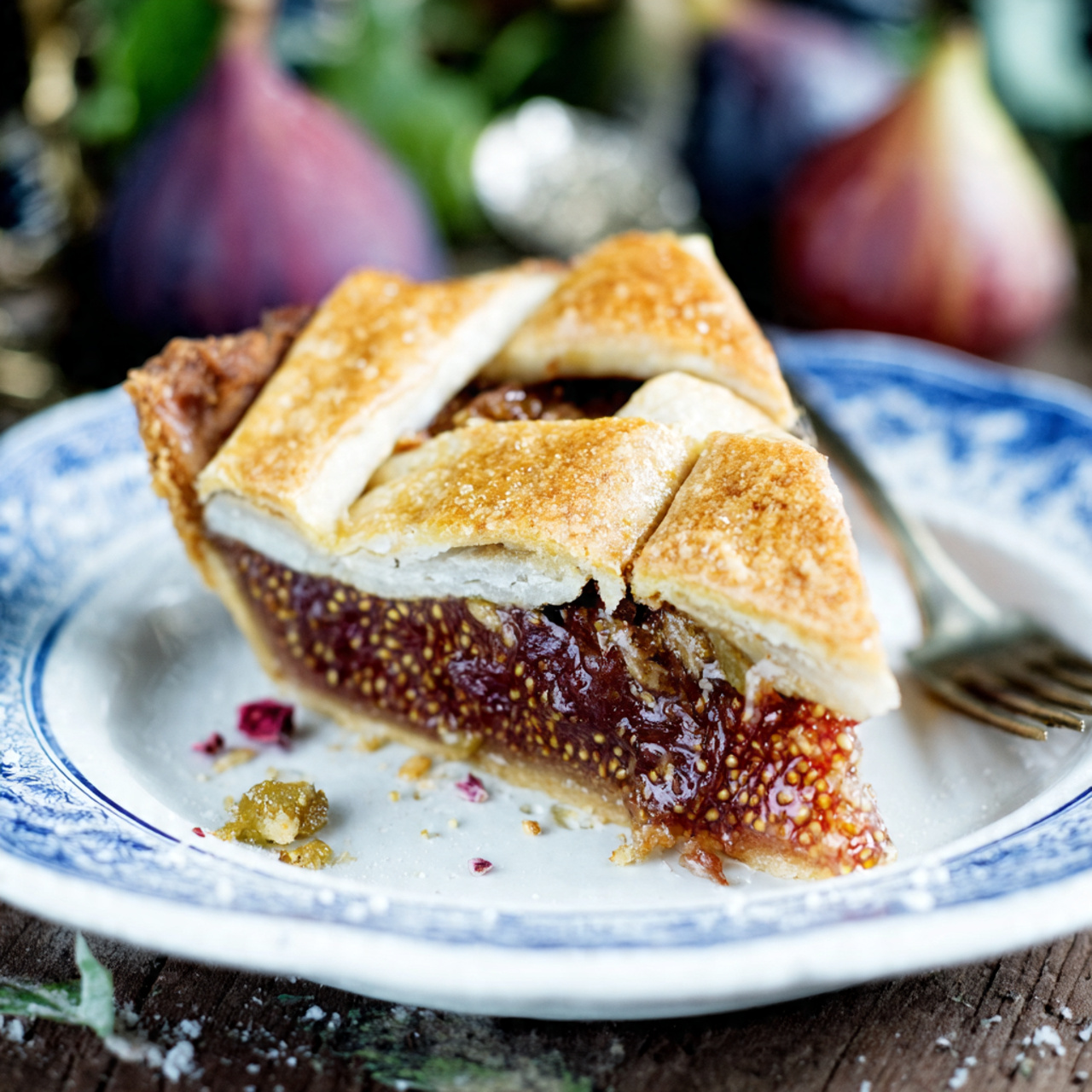 A single slice of fig crostata on a small white ceramic plate, showing clean layers: flaky golden crust, thick jammy fresh-fig filling with hints of orange zest, and glossy lattice top.