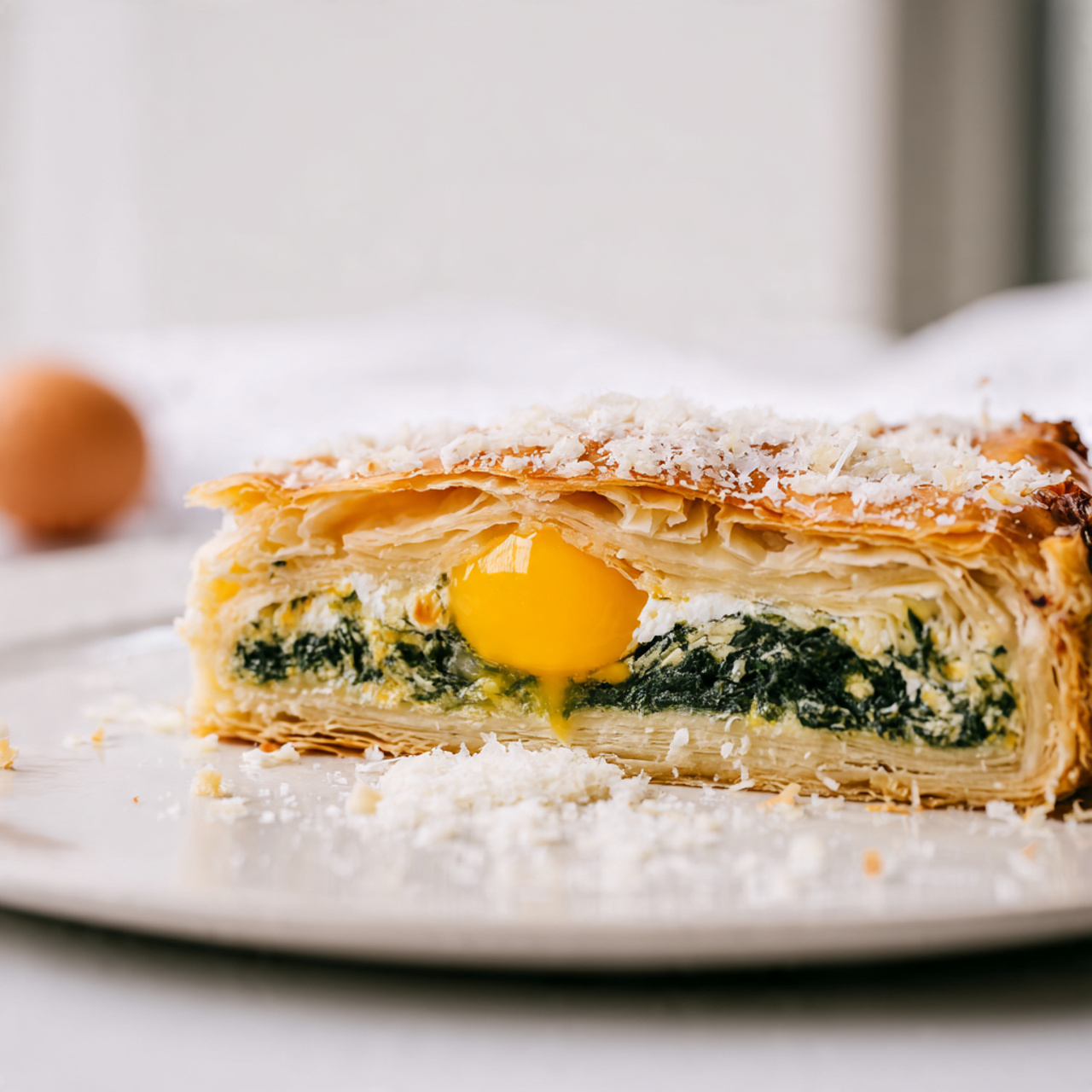 Torta Pasqualina on a plate showing the cross-section