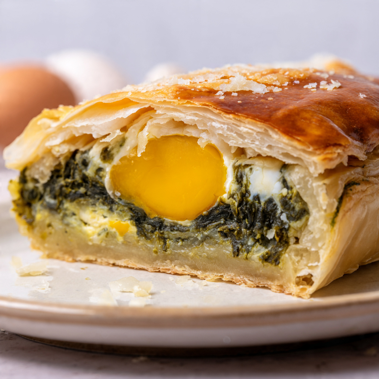 Torta Pasqualina on a plate showing the cross-section