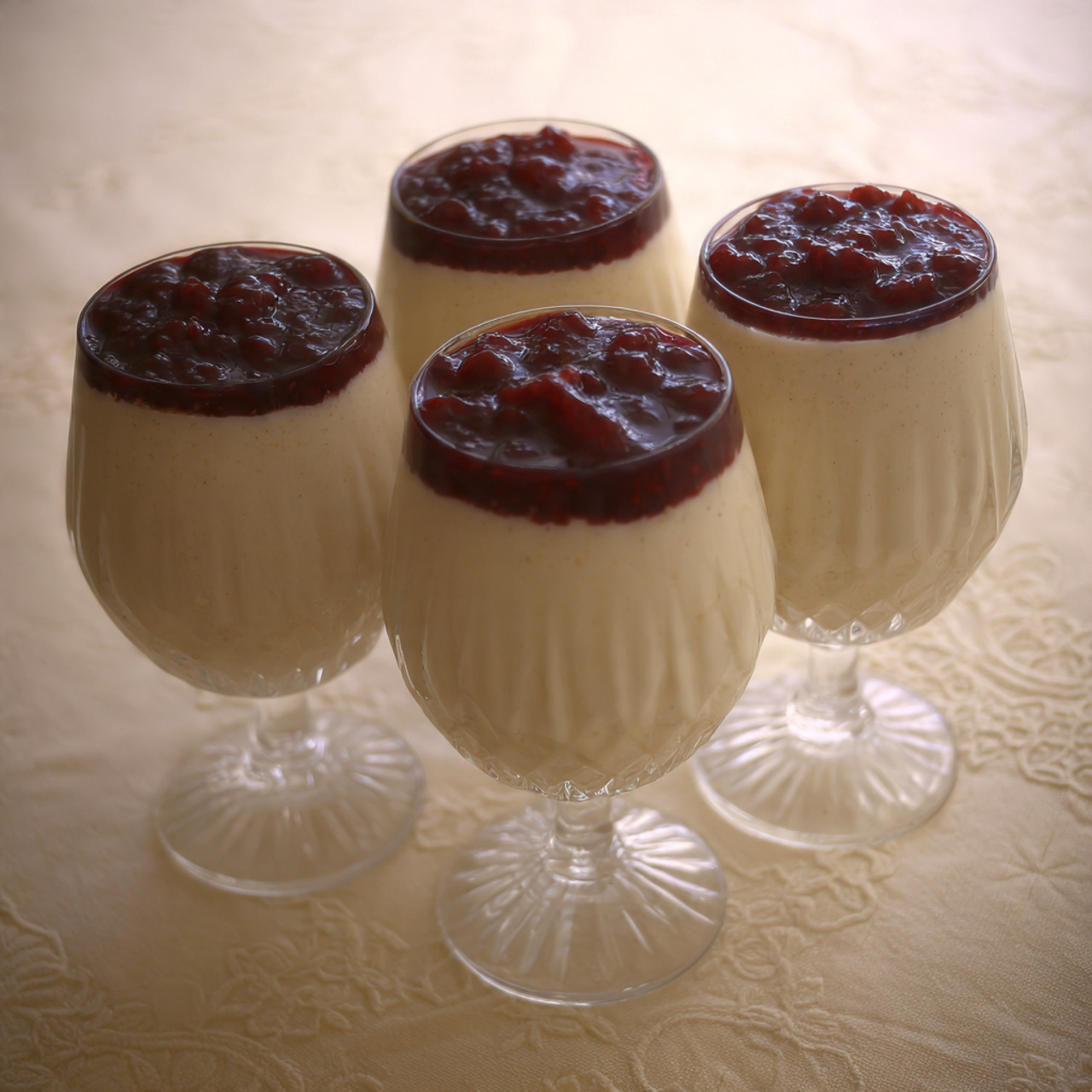 Four small clear glasses filled with silky coconut panna cotta, pale cream color, completely smooth surface, topped with fresh raspberry compote.