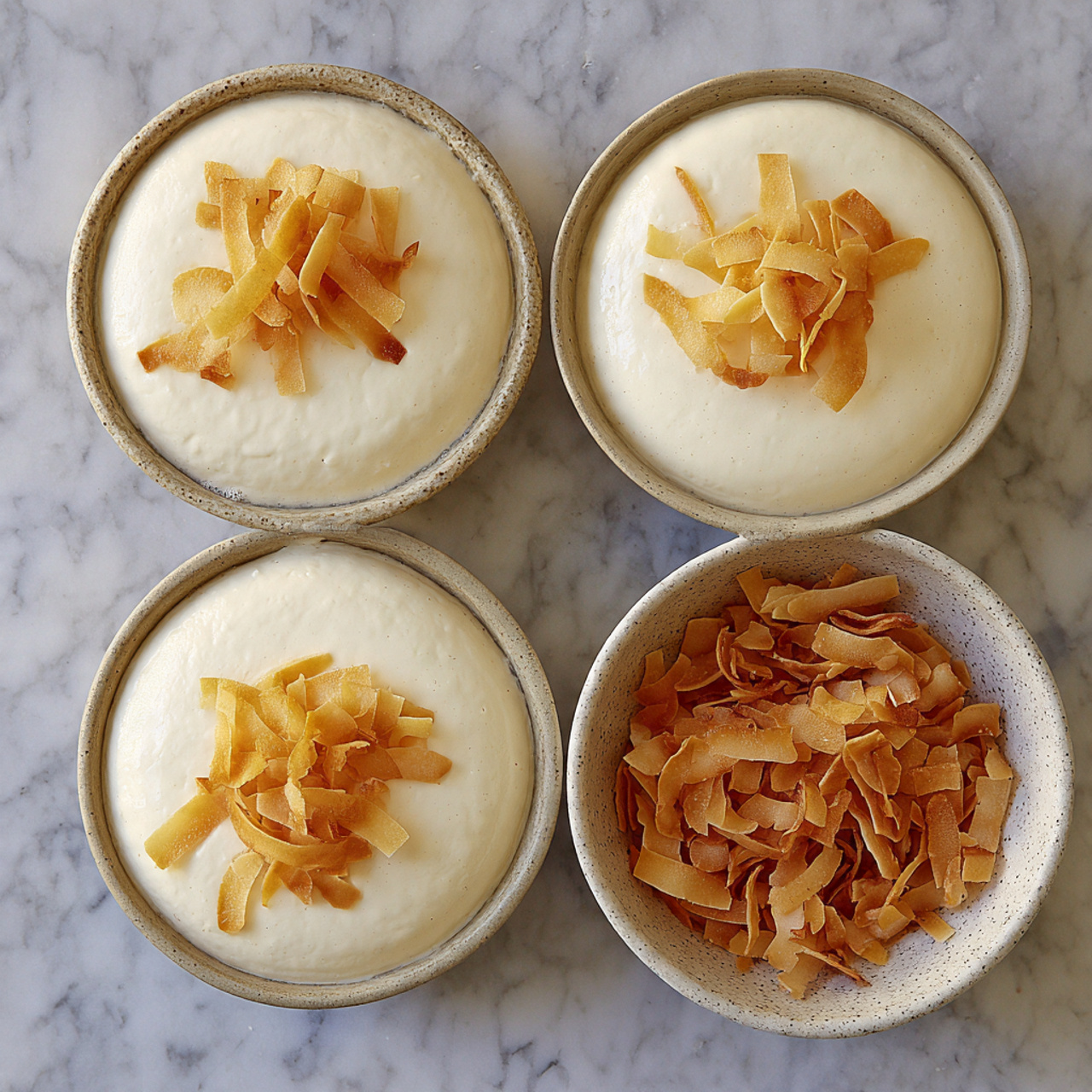 four coconut panna cottas in ramekins before unmolding, smooth top surfaces, no toppings, subtle reflections