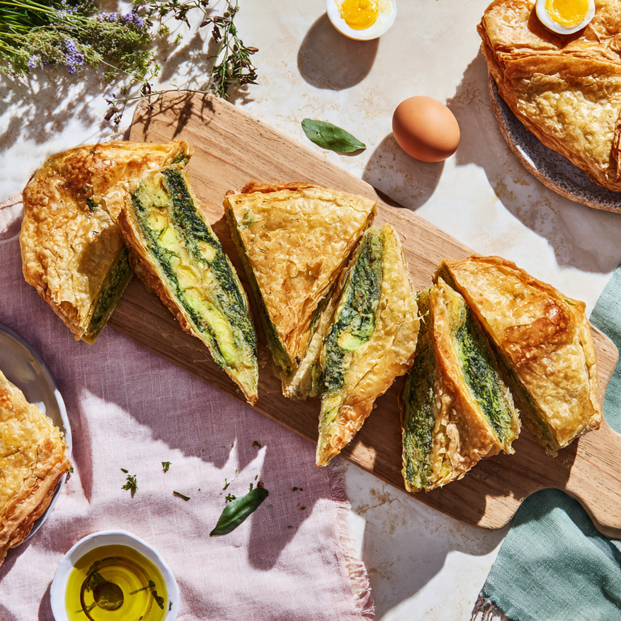Torta Pasqualina slices arranged on a board for brunch, with a small dish of olive oil and fresh herbs nearby.