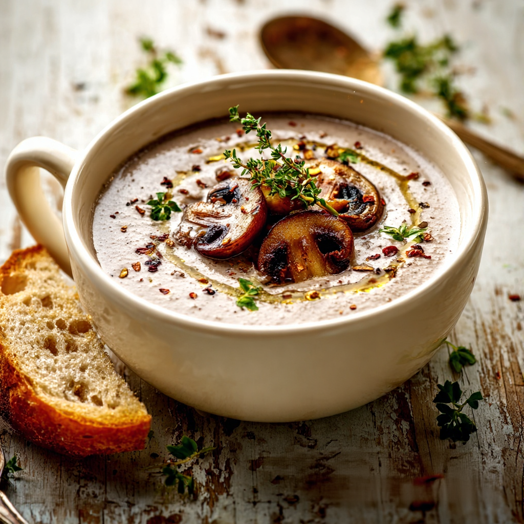 Italian-style creamy mushroom soup made with browned cremini and button mushrooms, porcini-infused broth, and a silky blended texture with a light cream finish.