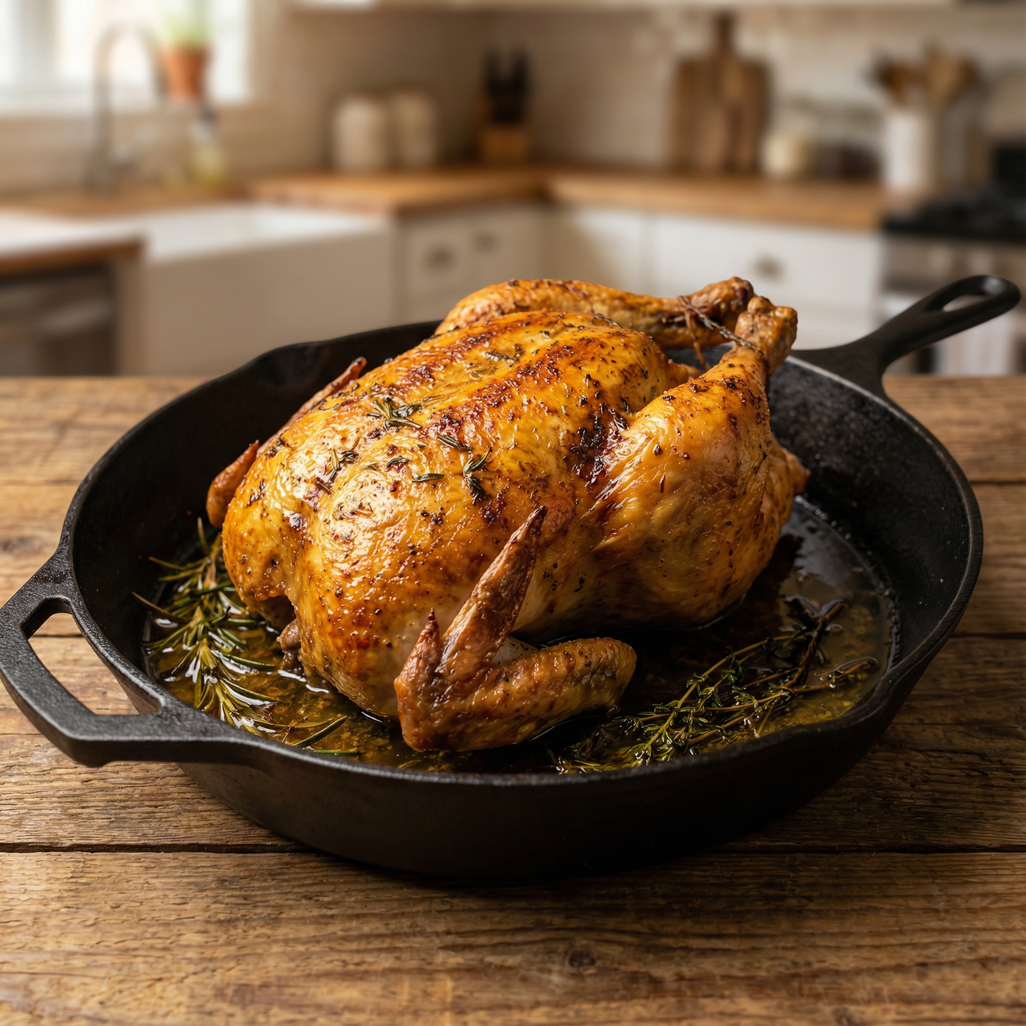 whole roast chicken in a cast iron skillet, herbs and garlic visible, skin blistered and golden,