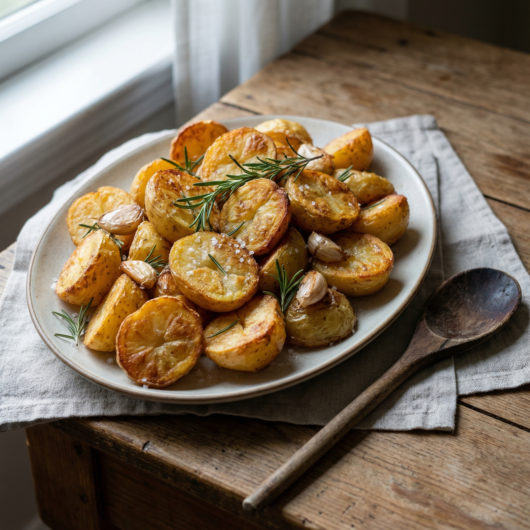 crispy rosemary roasted potatoes in a metal pan, golden and crunchy