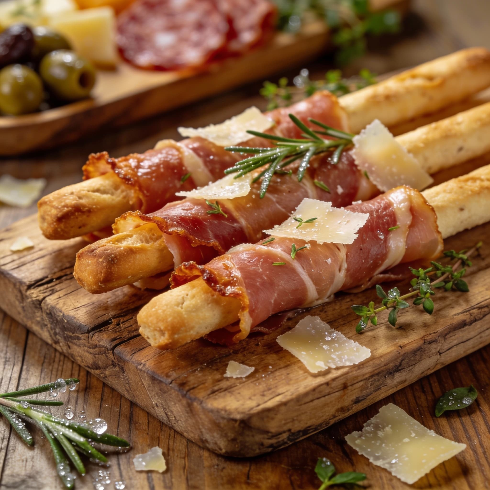 wrapped breadsticks served on a rustic wooden board with dipping sauces like lemon aioli and whipped ricotta.