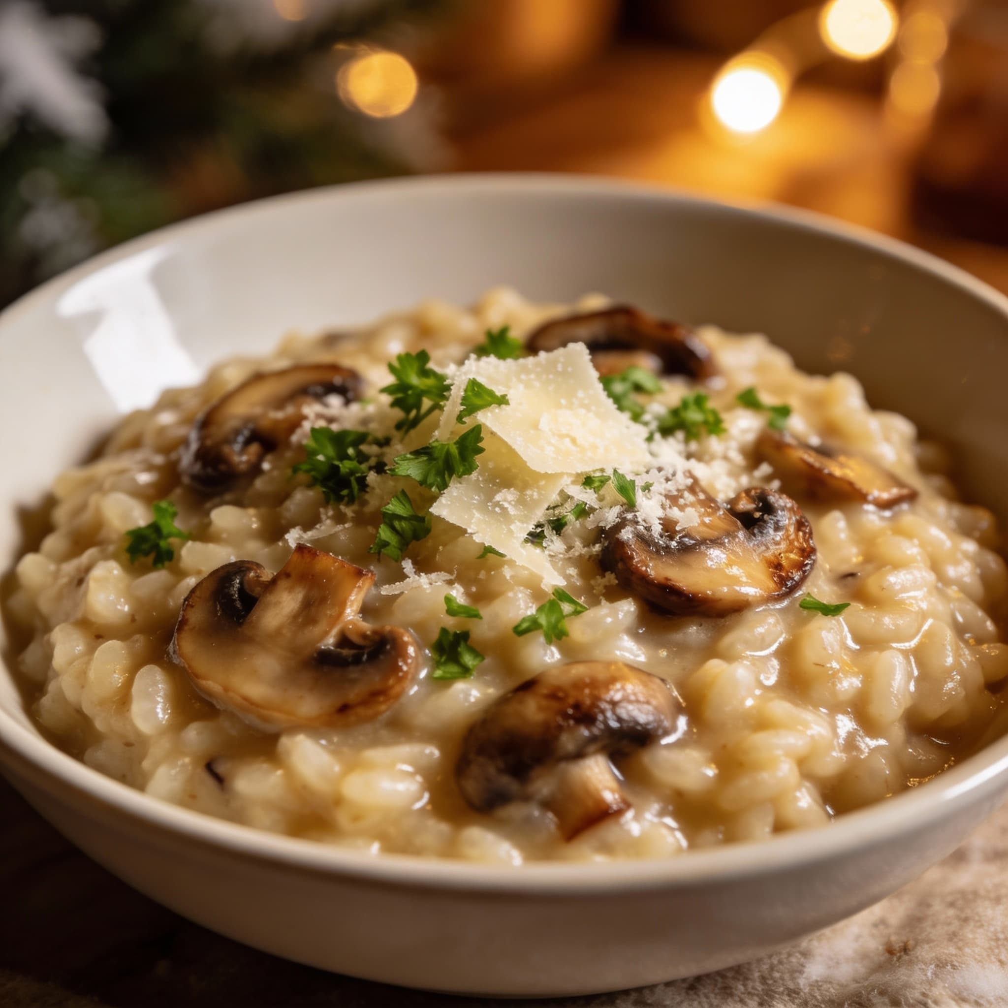 a bowl of mushroom risotto with visible slices of shiitake, oyster, and cremini mushrooms mixed in.