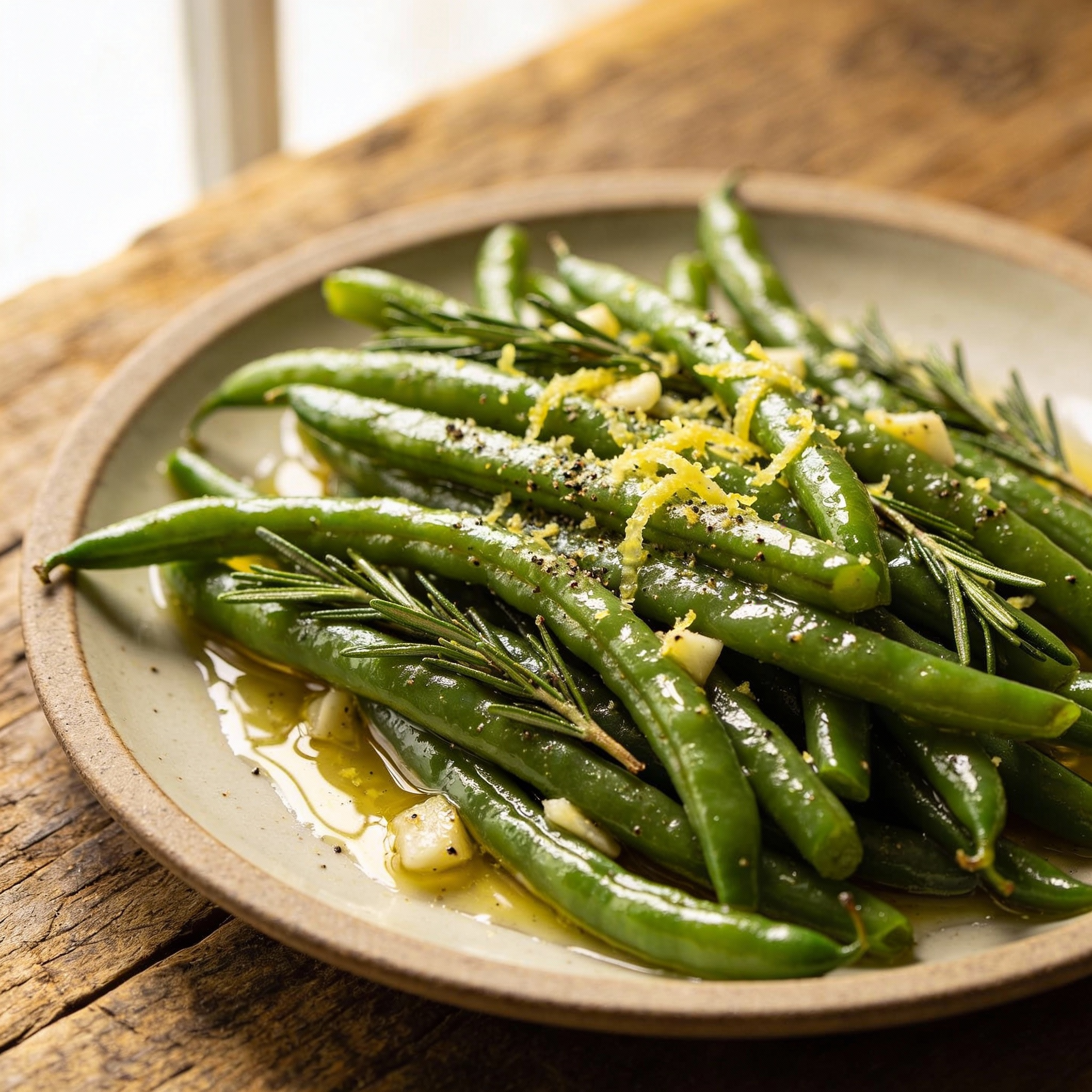 garlic rosemary green beans, topped with finely grated lemon zest and a light sprinkle of freshly ground black pepper.