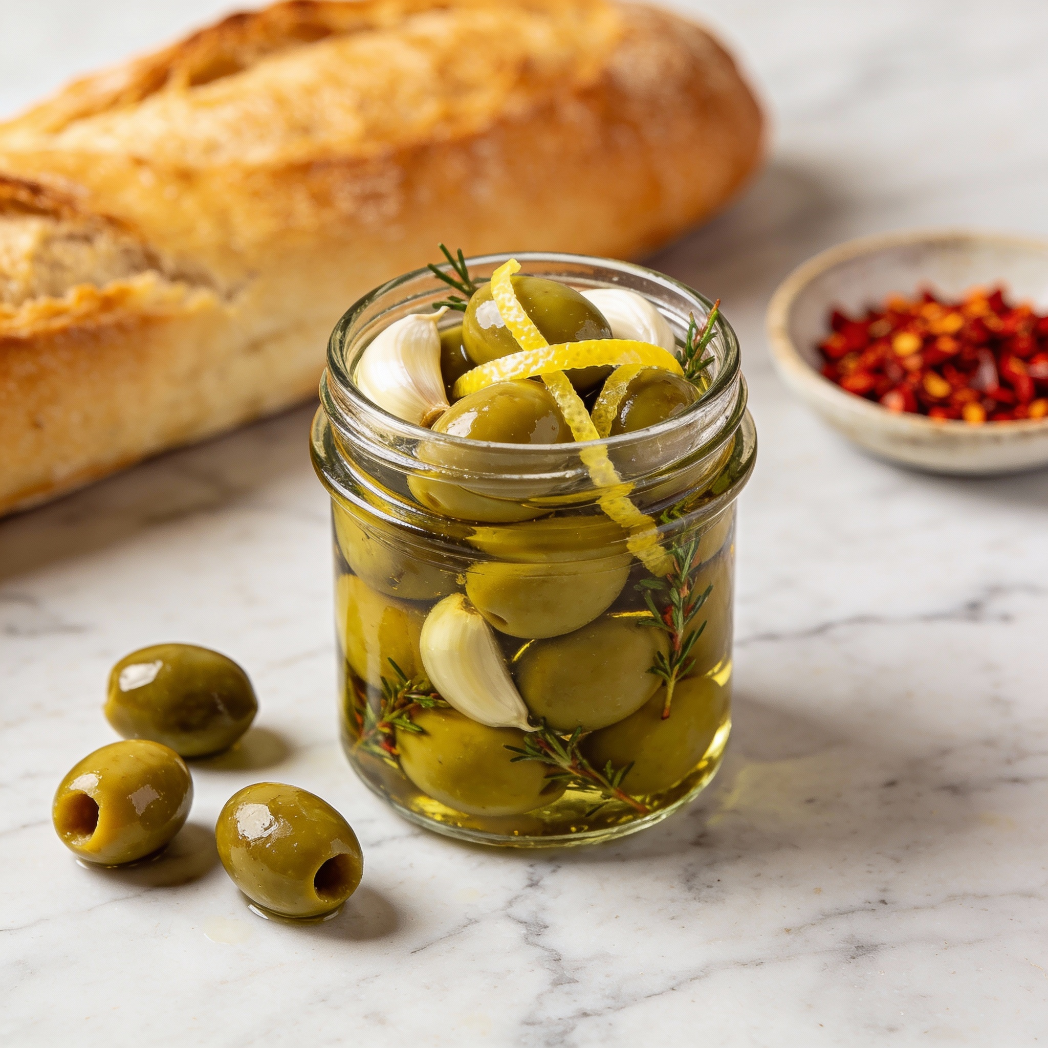 marinated olives in a small clear jar, with garlic, lemon zest, and herbs visible in the oil.