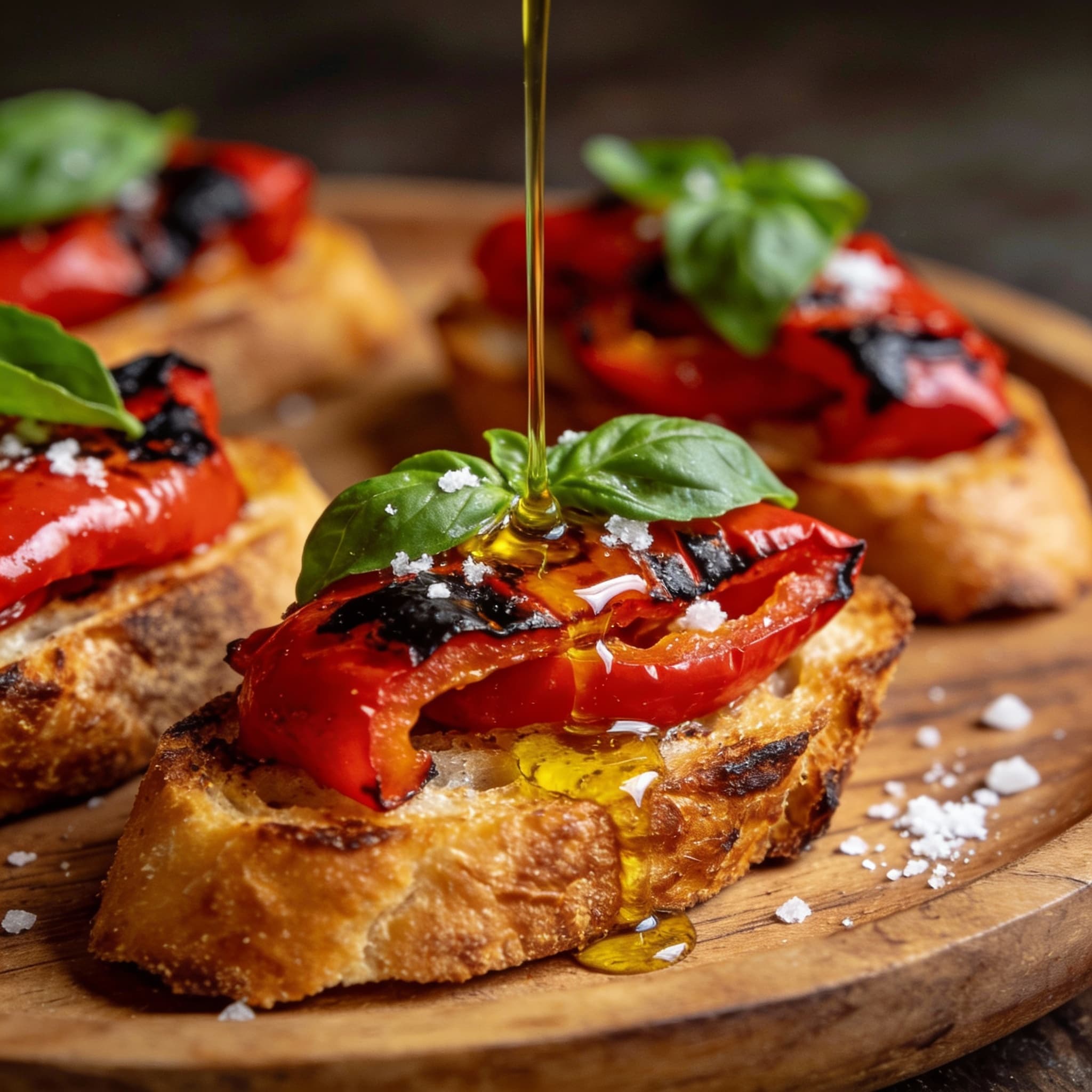 roasted red pepper bruschetta served on a cutting board with slices of toasted bread topped with roasted peppers