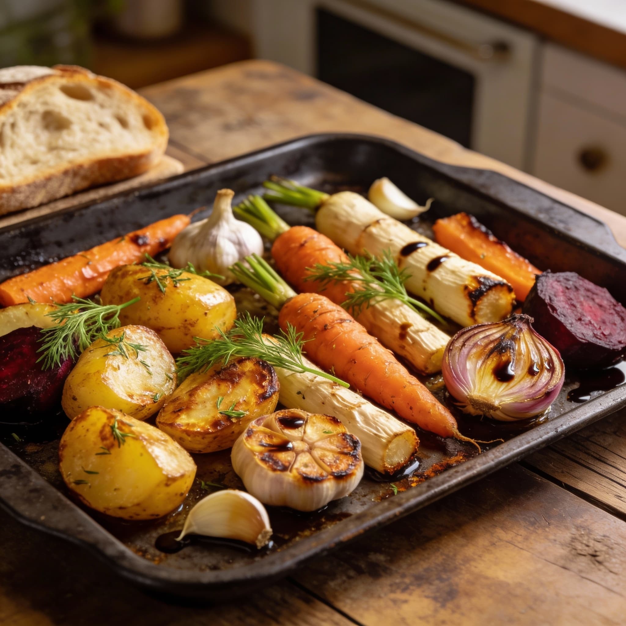 plate of roasted Italian vegetables, with tender carrots, potatoes, and parsnips, garnished with fresh fennel fronds.