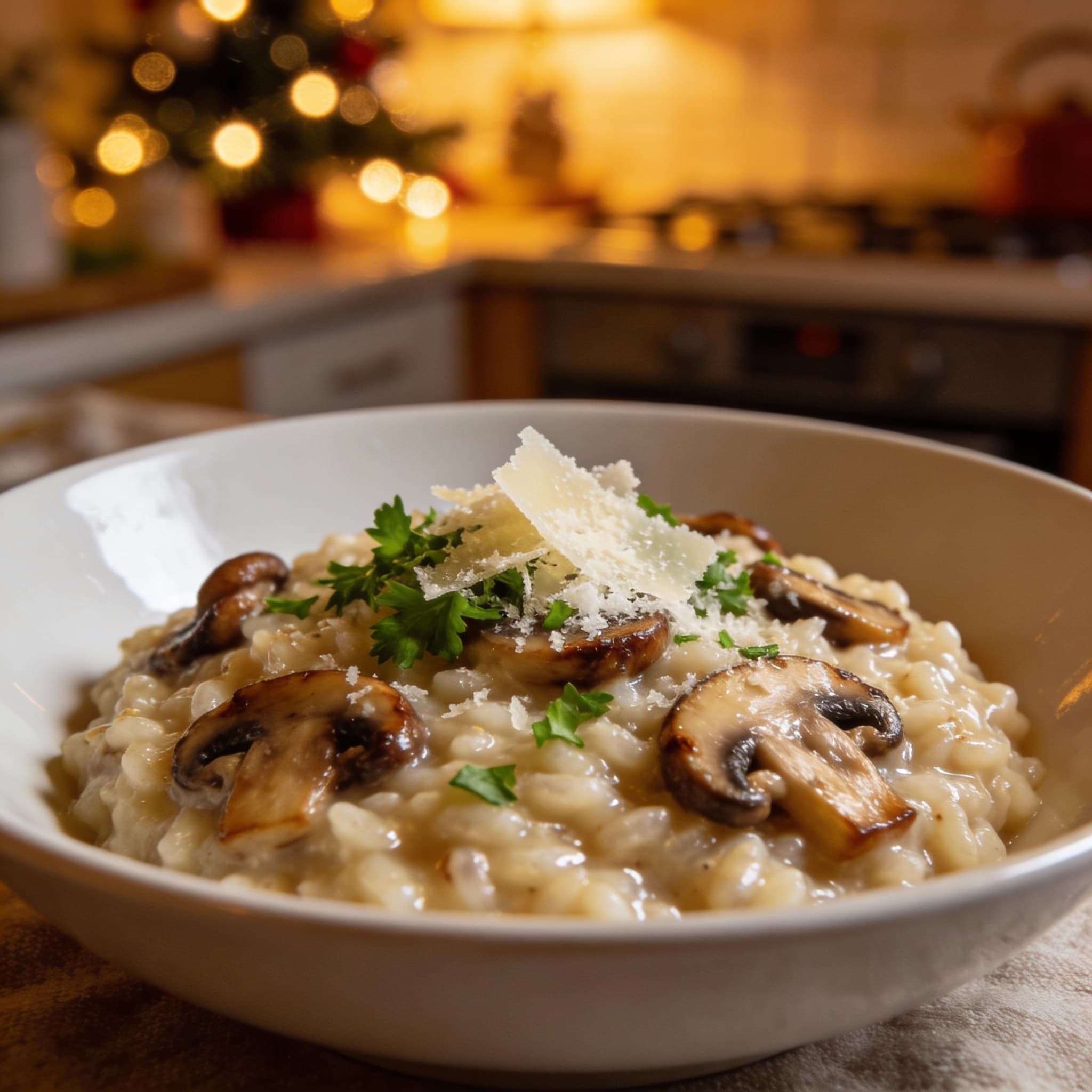 mushroom risotto being served directly from the pan onto a white plate, showing a spoonful of the creamy risotto with golden-brown mushrooms