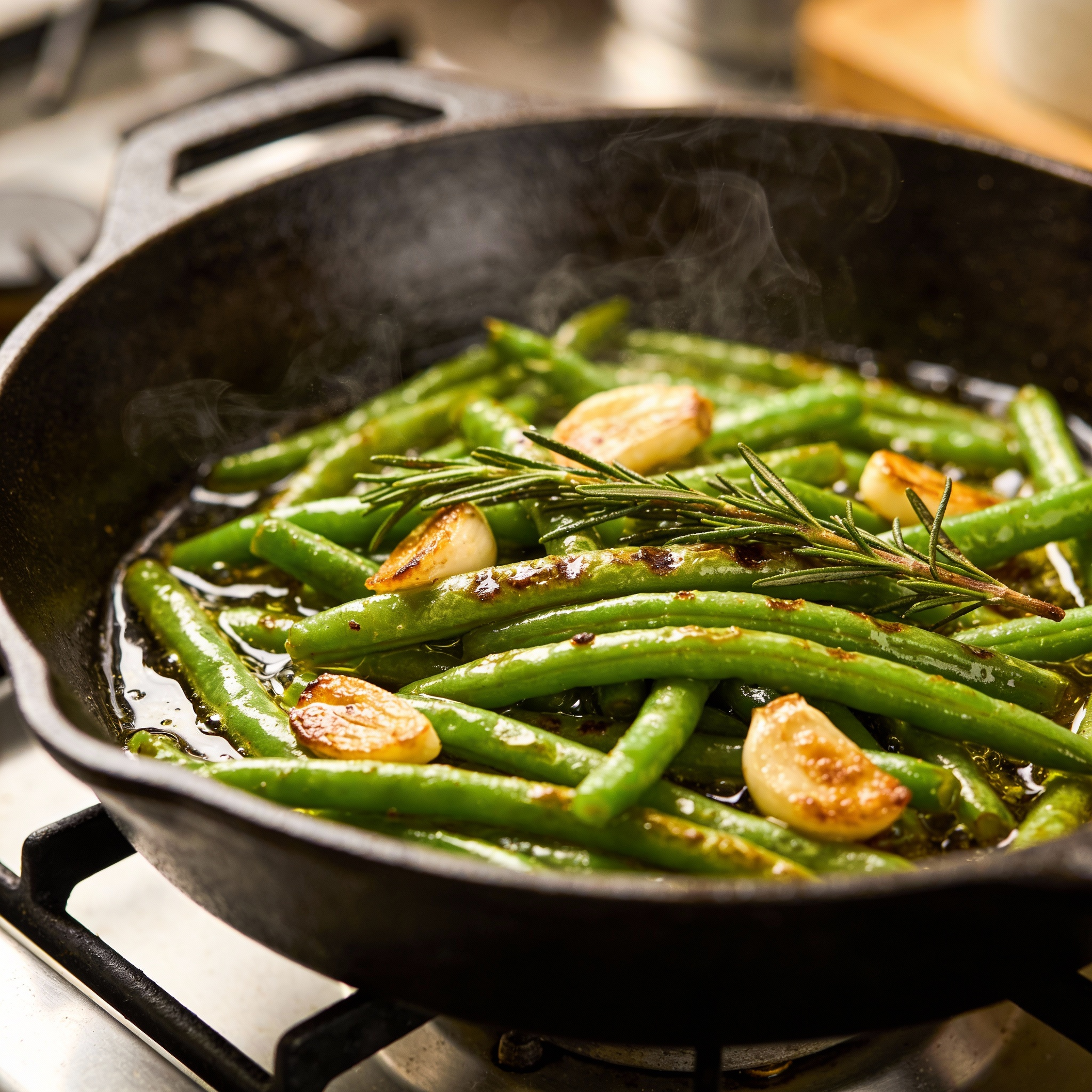 A cast iron skillet with garlic rosemary green beans sizzling in olive oil, golden brown garlic pieces visible, and rosemary sprigs on top