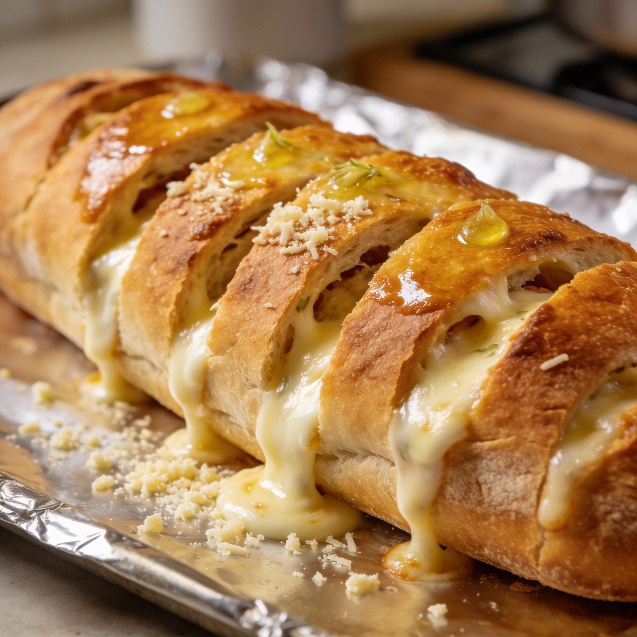 pull-apart cheesy garlic loaf with the crust crispy and browned from broiling.