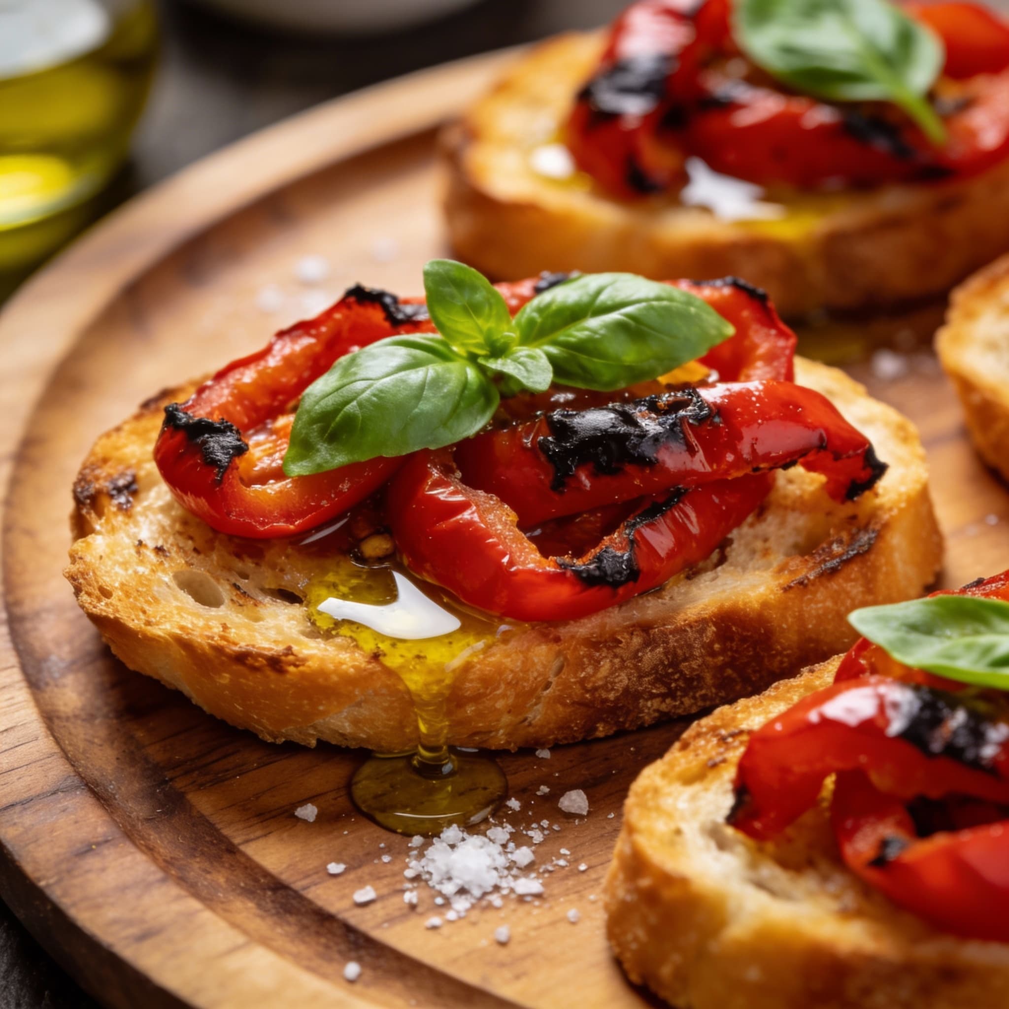 rustic Italian kitchen table with roasted red pepper bruschetta arranged on a platter