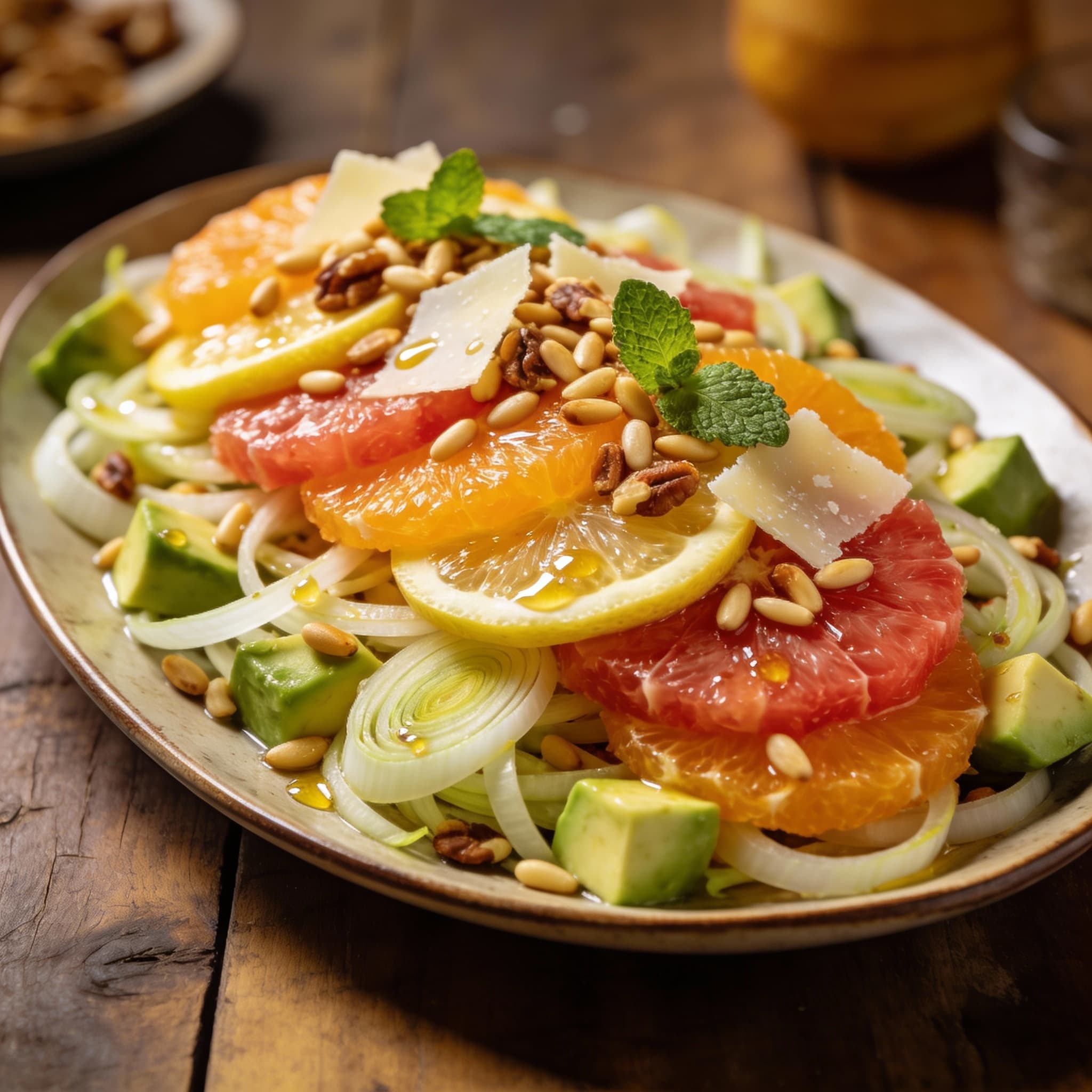 A winter citrus salad served in a shallow bowl, featuring vibrant orange and grapefruit segments, thinly sliced fennel, avocado, arugula, and toasted pine nuts.