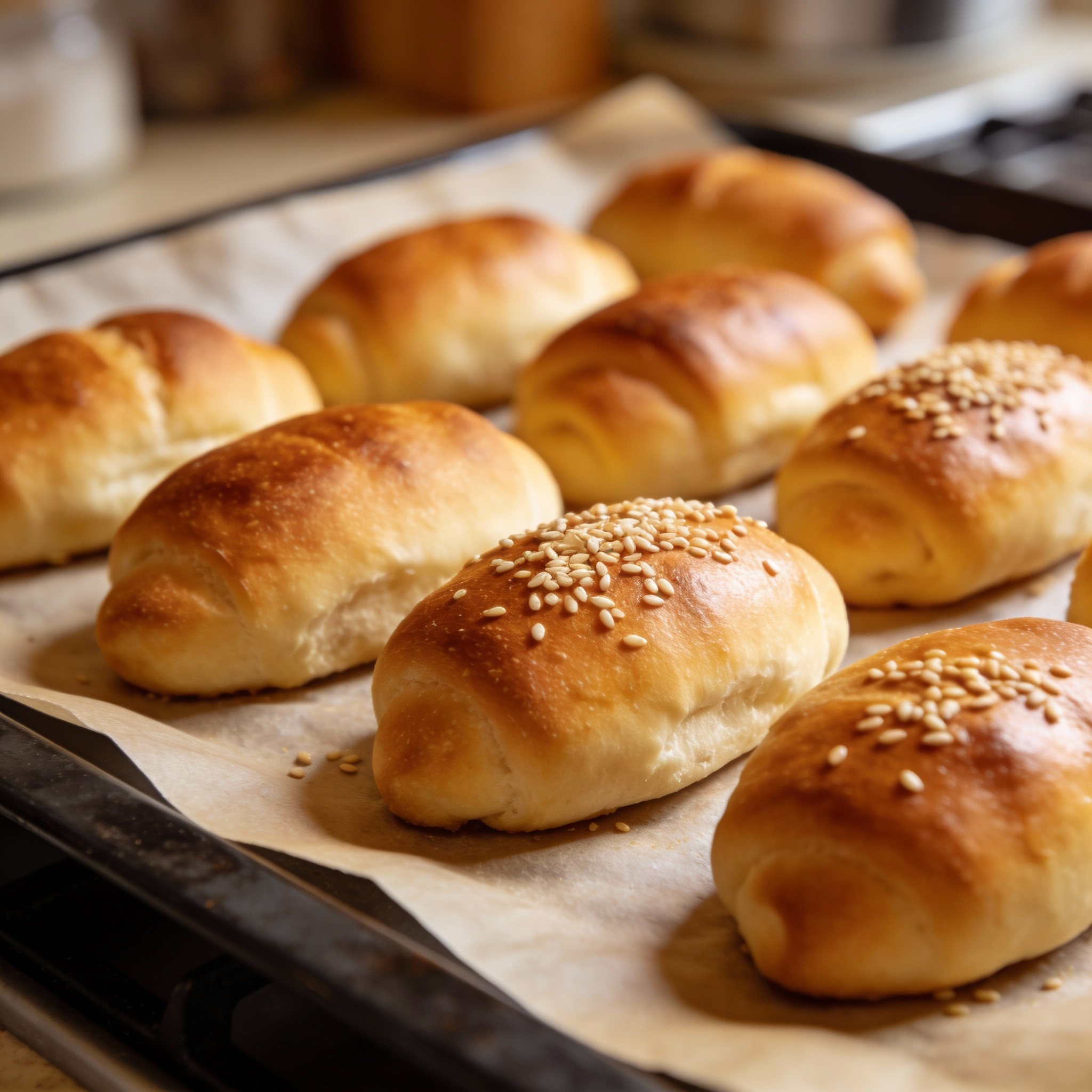 Italian panini morbidi rolls on a baking tray, golden brown and soft.