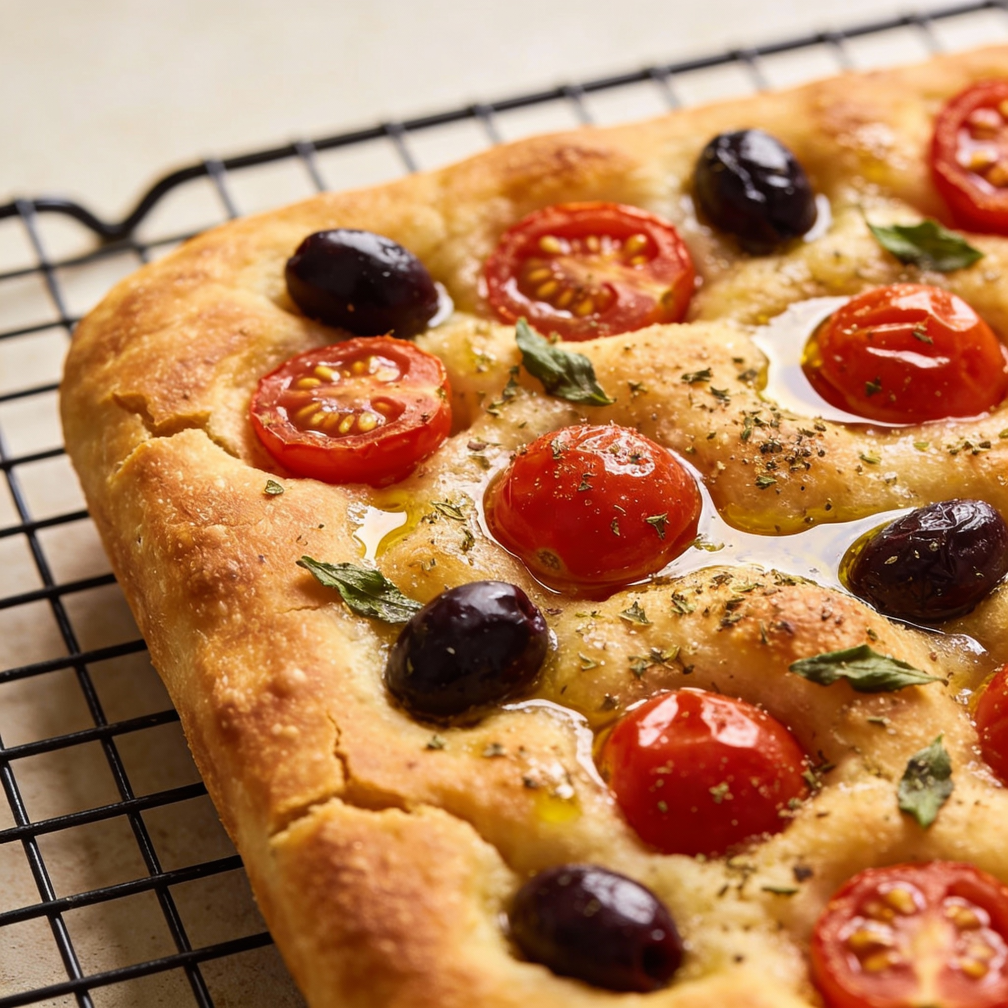 golden-brown focaccia with a tender crumb, topped with halved cherry tomatoes and olives.