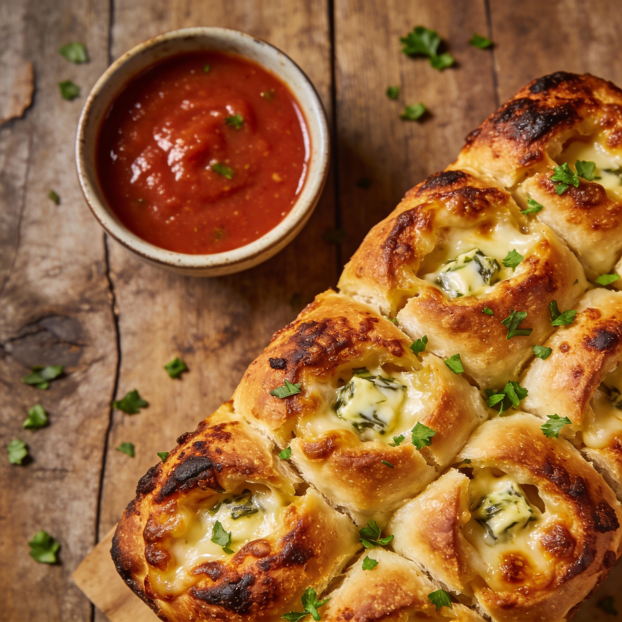 cheesy garlic bread loaf on a serving plate, with the loaf cut into pull-apart portions.