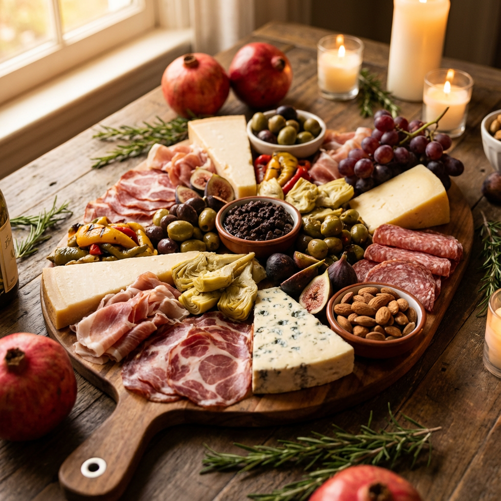 festive Italian charcuterie board set on a rustic wooden table.