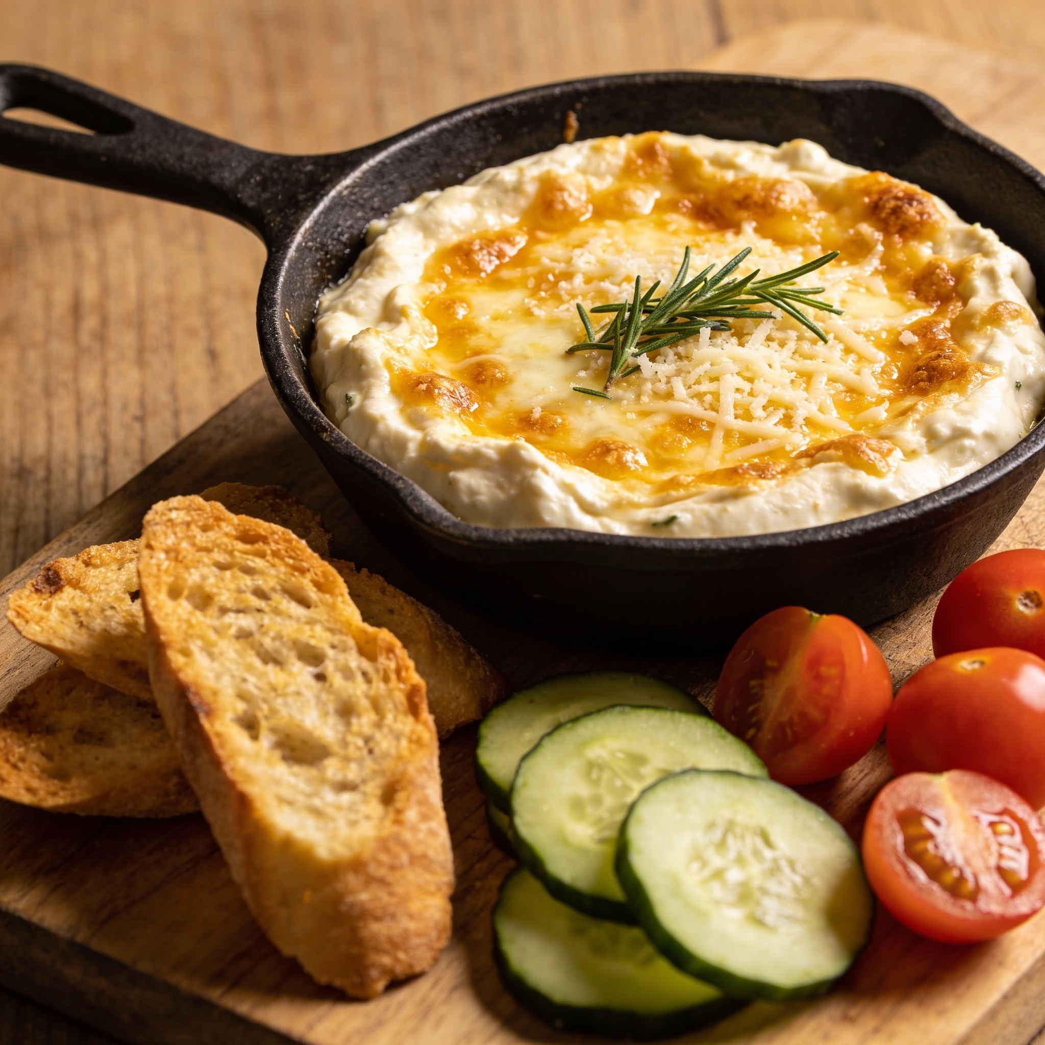 board featuring a 6-inch cast-iron skillet with a creamy, golden baked ricotta dip