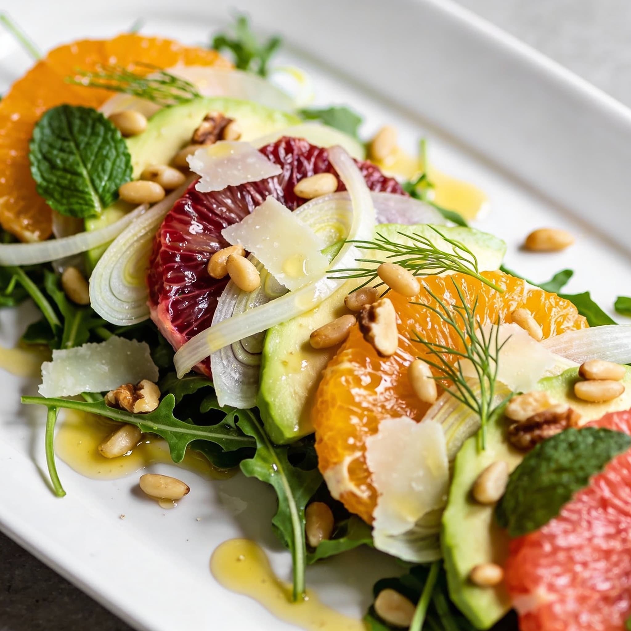rustic wooden table with a large platter of winter citrus salad, featuring a variety of citrus fruits, fennel slices, and avocado arranged in layers.