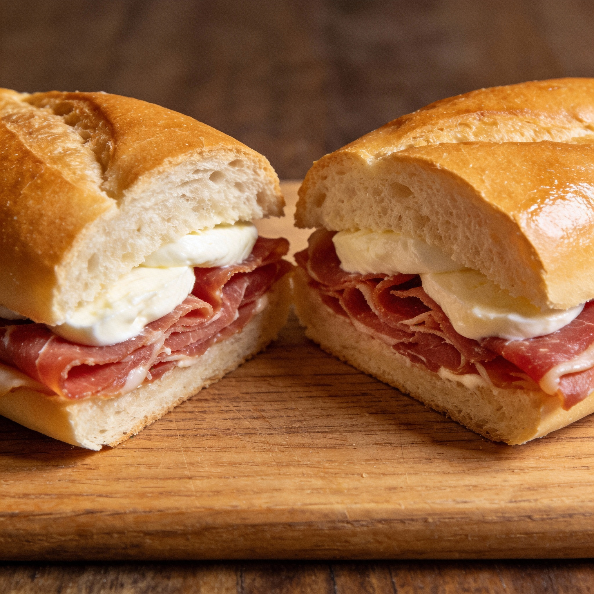 Italian panini morbido filled with prosciutto and fresh mozzarella, served on a wooden cutting board.