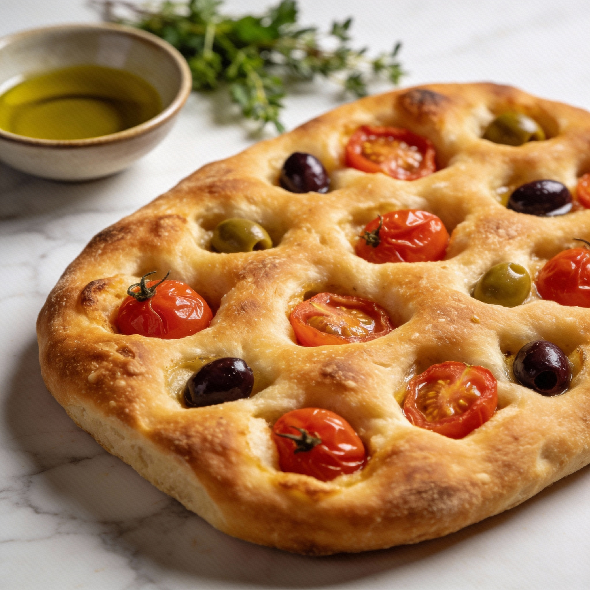 focaccia bread cooling on a wire rack, topped with vibrant halved cherry tomatoes, Kalamata olives, and a dusting of oregano