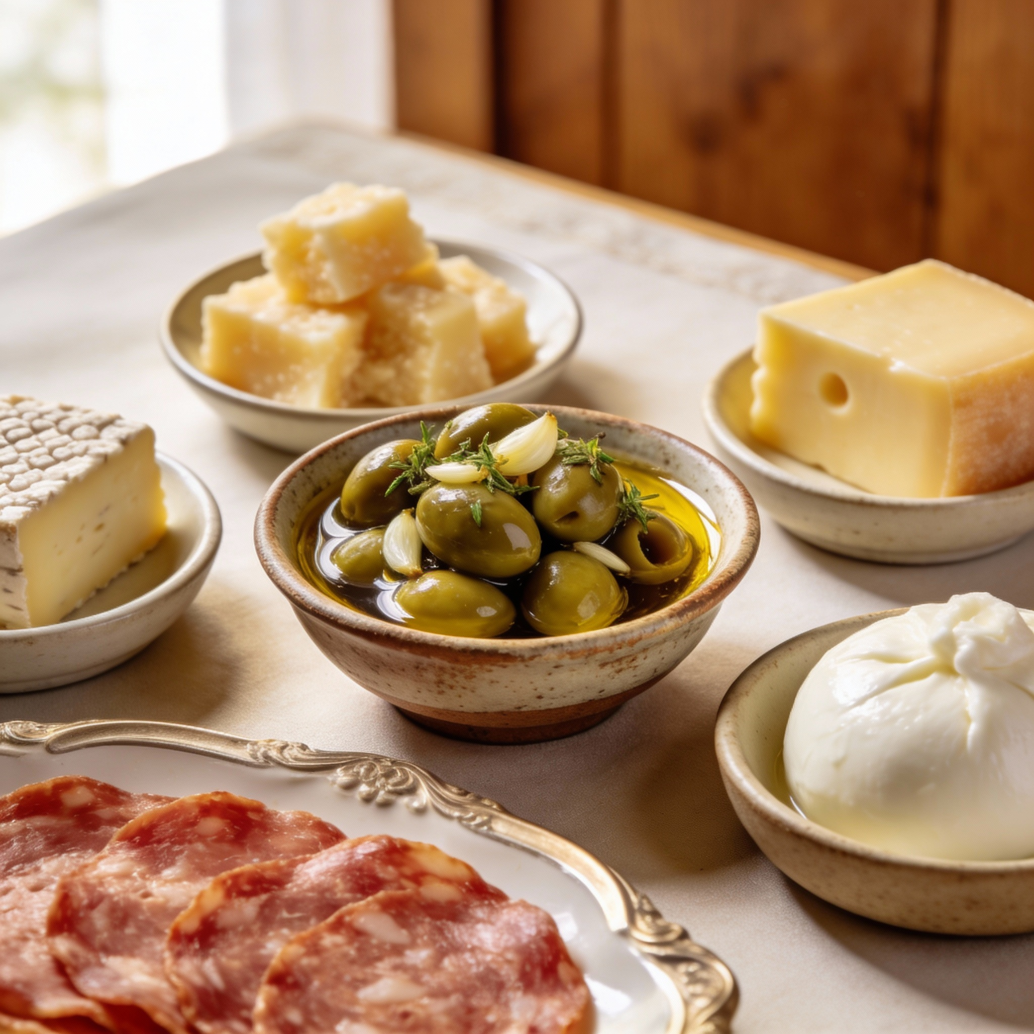 antipasto platter featuring marinated olives with garlic and herbs, surrounded by small dishes of cheese