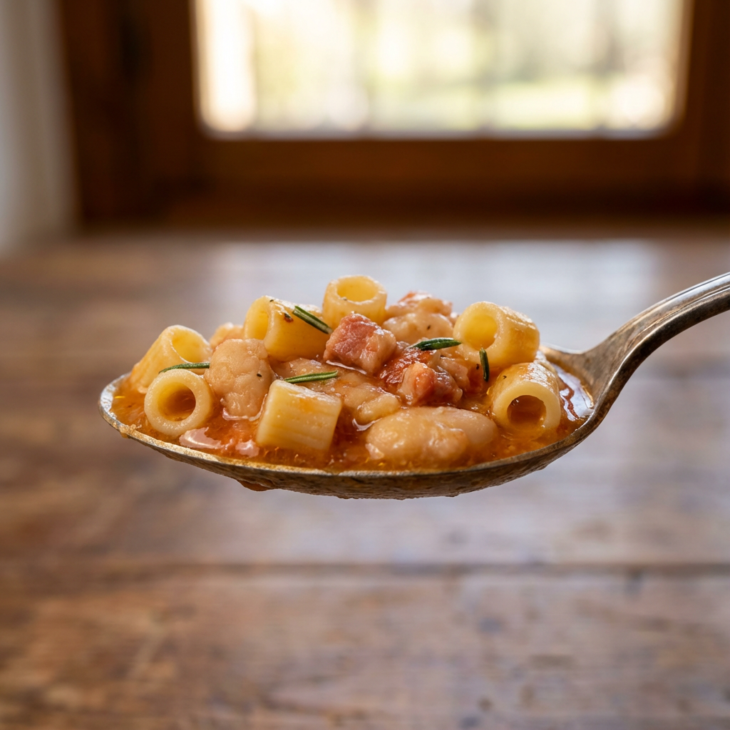 spoon lifting thick Campania pasta e fagioli. Visible ditalini, creamy mashed beans, bits of pancetta, rosemary flecks, and glossy tomato-olive oil sheen.
