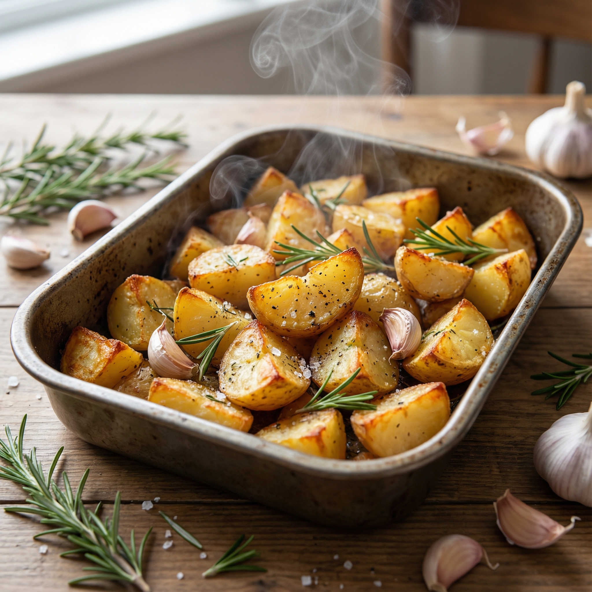 perfectly roasted potatoes with rosemary, golden crispy edges, with fresh rosemary and garlic scattered