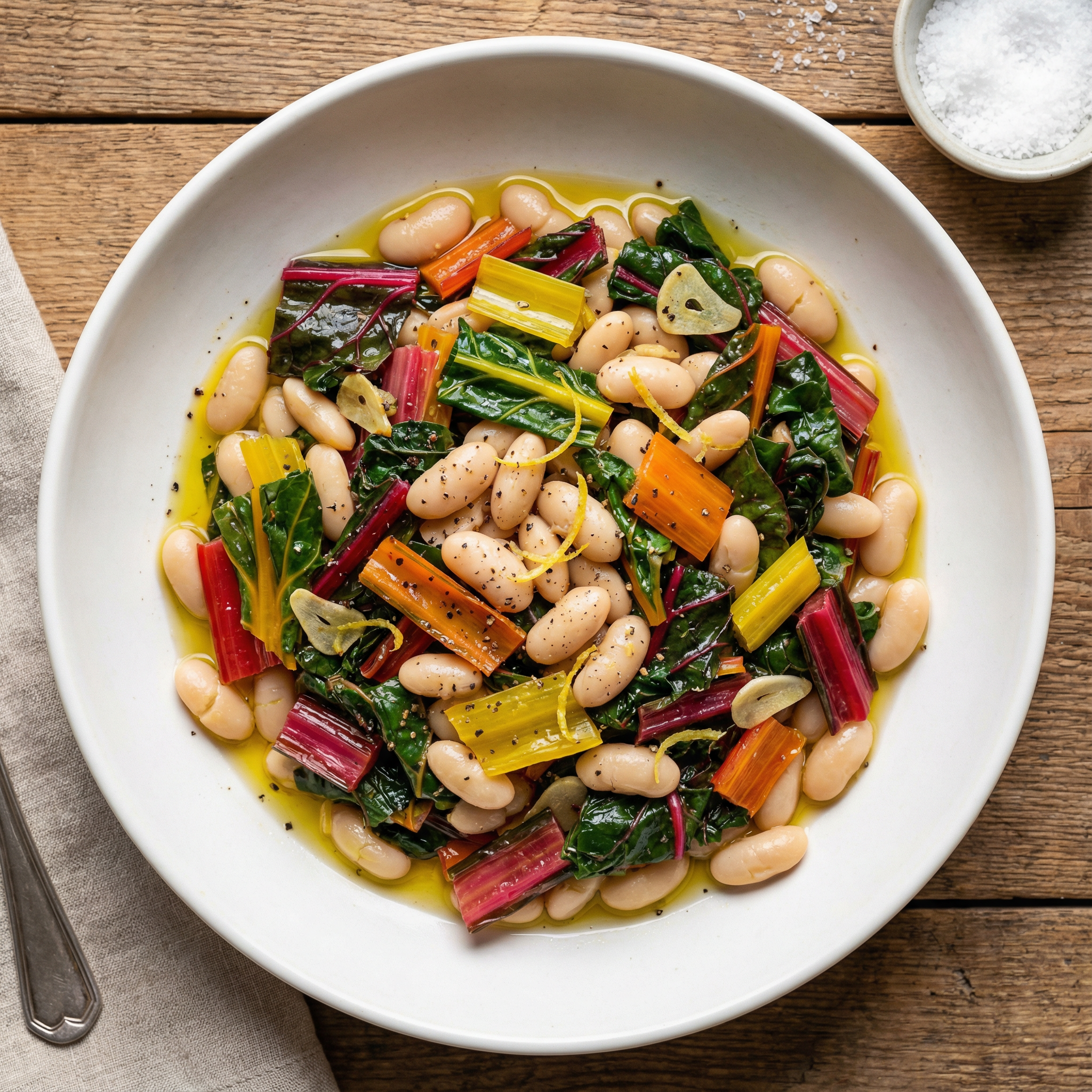 sautéed rainbow chard with cannellini beans served in a shallow white bowl