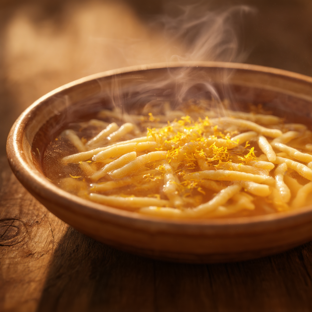 long passatelli strands (10–15 cm) made with a 5mm potato ricer, sitting in a gently simmering light beef-chicken broth.