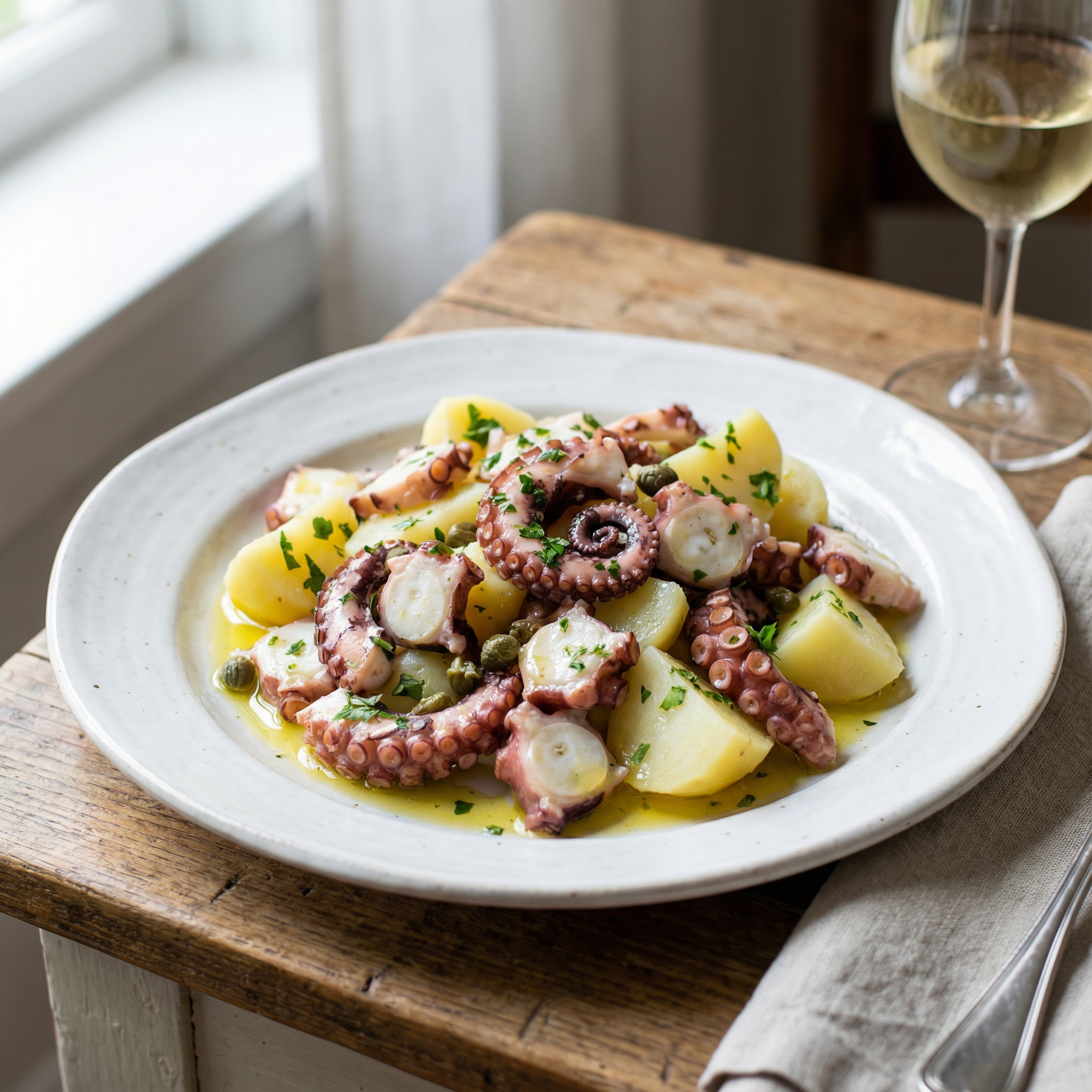 octopus and potato salad. Focus on curled octopus tentacles, firm potato edges, olive oil shine