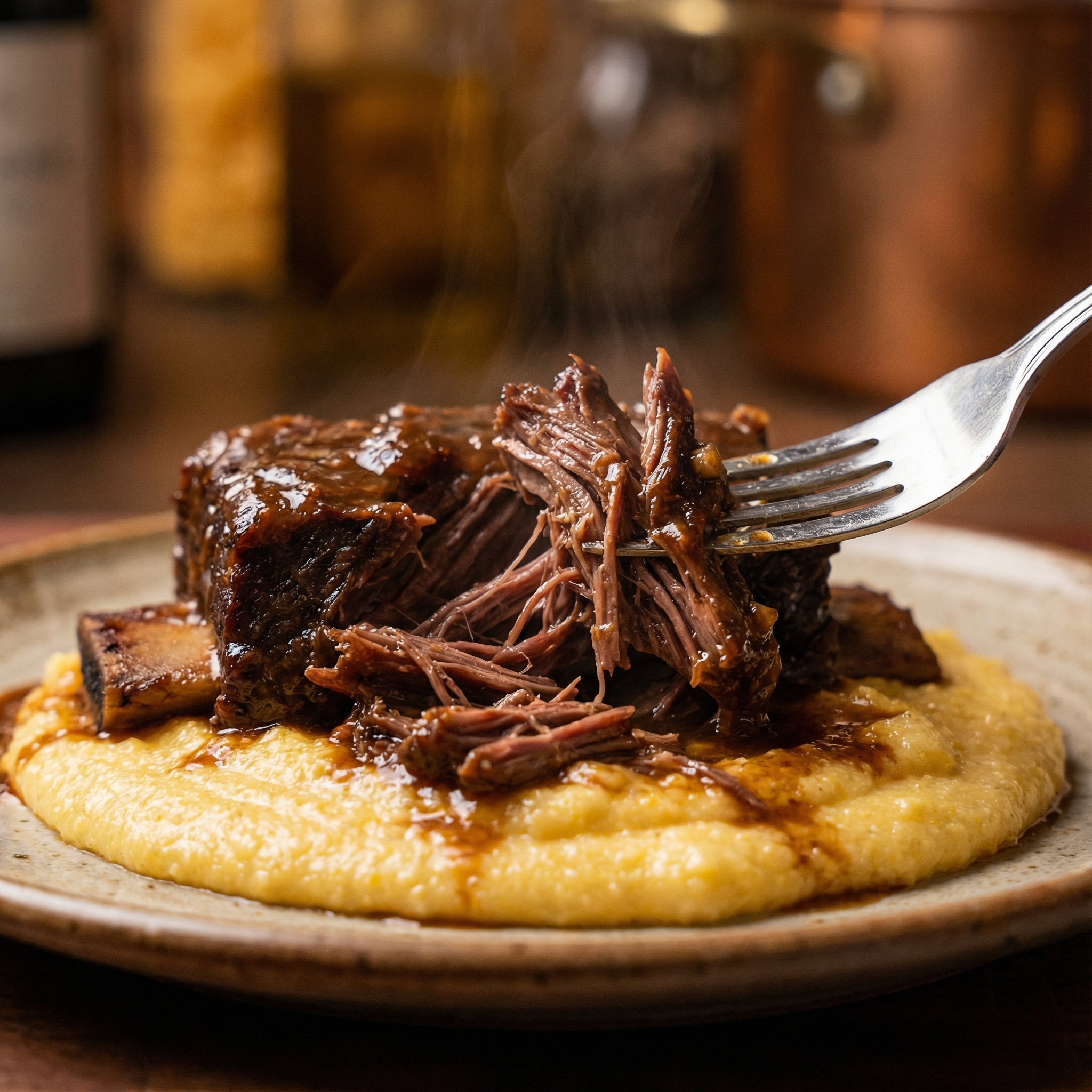 fork-tender beef being pulled apart with a fork, sauce clinging to fibers, served on creamy polenta.