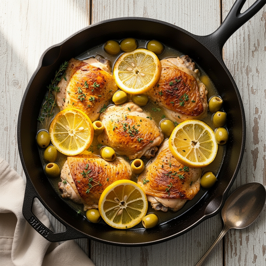 lemon chicken with olives in skillet.